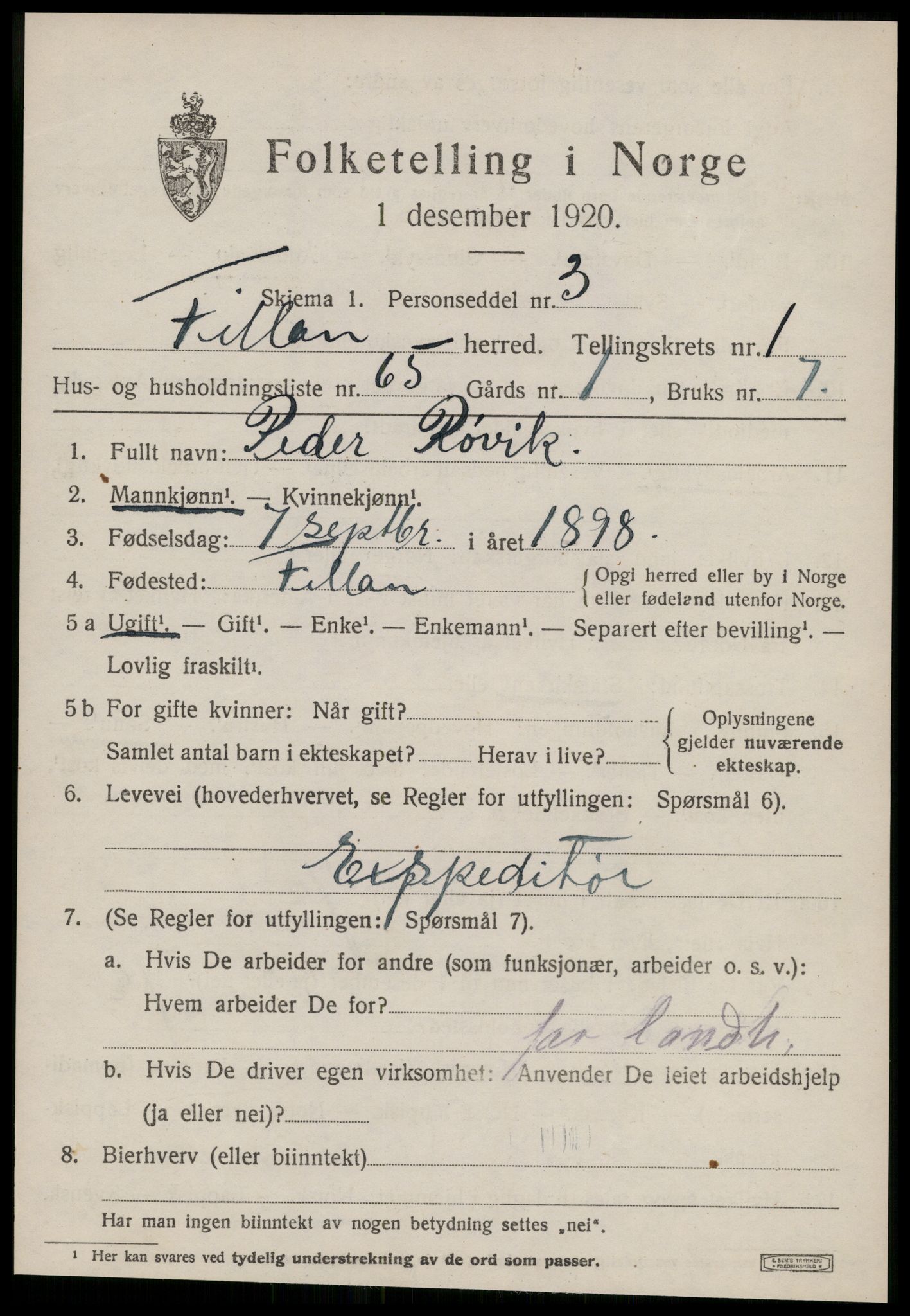 SAT, Folketelling 1920 for 1616 Fillan herred, 1920, s. 1310