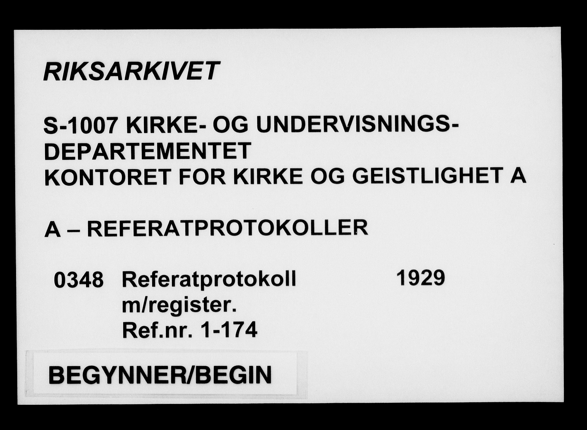 Kirke- og undervisningsdepartementet, Kontoret  for kirke og geistlighet A, AV/RA-S-1007/A/Aa/L0348: Referatprotokoll m/register. Ref.nr. 1-174, 1929