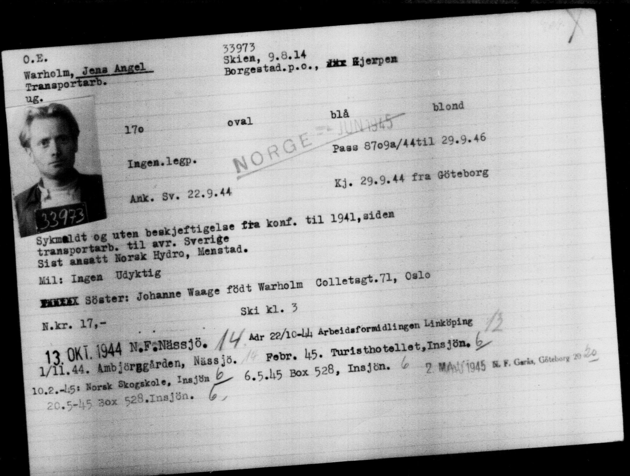 Utenriksstasjonene, Legasjonen i Stockholm, Flyktningkontoret, AV/RA-S-6753/V/Va/L0013: Kjesäterkartoteket, flyktninger med registreringsnr. 31500-34731, 1940-1945, s. 2612