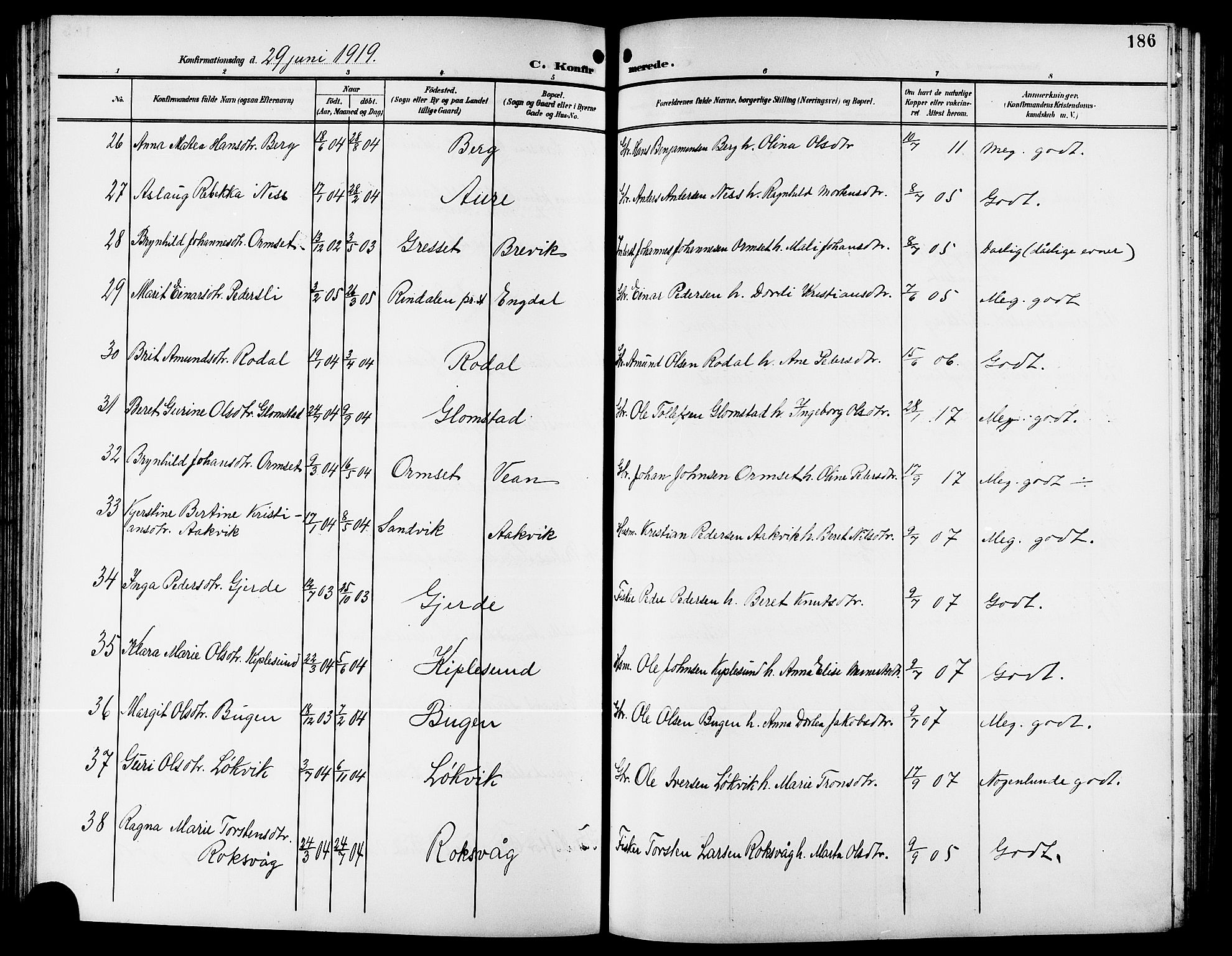 Ministerialprotokoller, klokkerbøker og fødselsregistre - Møre og Romsdal, AV/SAT-A-1454/578/L0910: Klokkerbok nr. 578C03, 1900-1921, s. 186