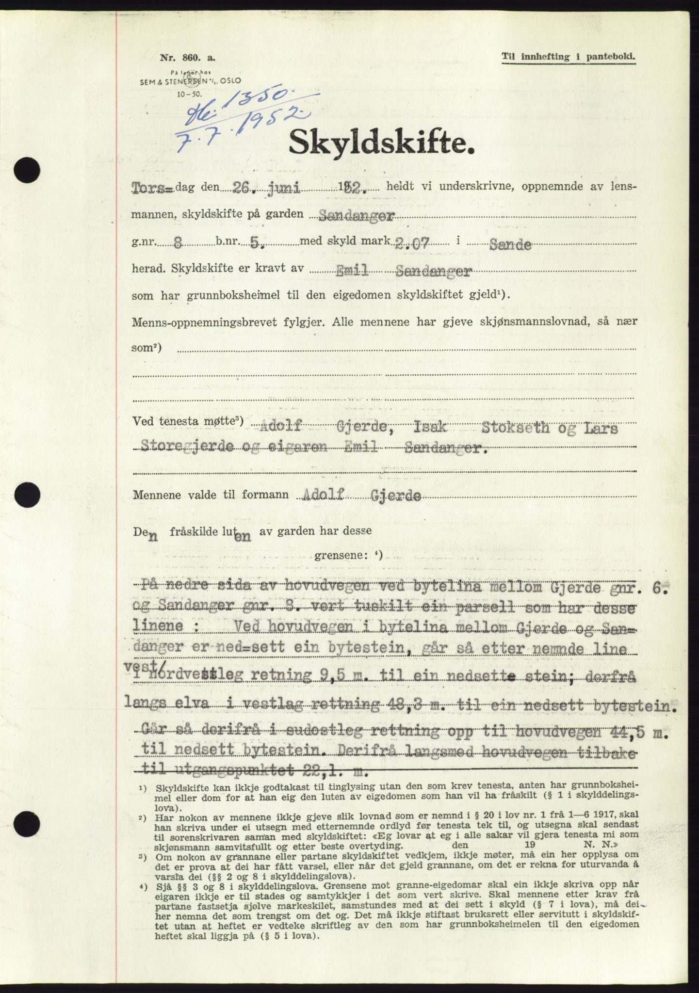 Søre Sunnmøre sorenskriveri, AV/SAT-A-4122/1/2/2C/L0092: Pantebok nr. 18A, 1952-1952, Dagboknr: 1350/1952