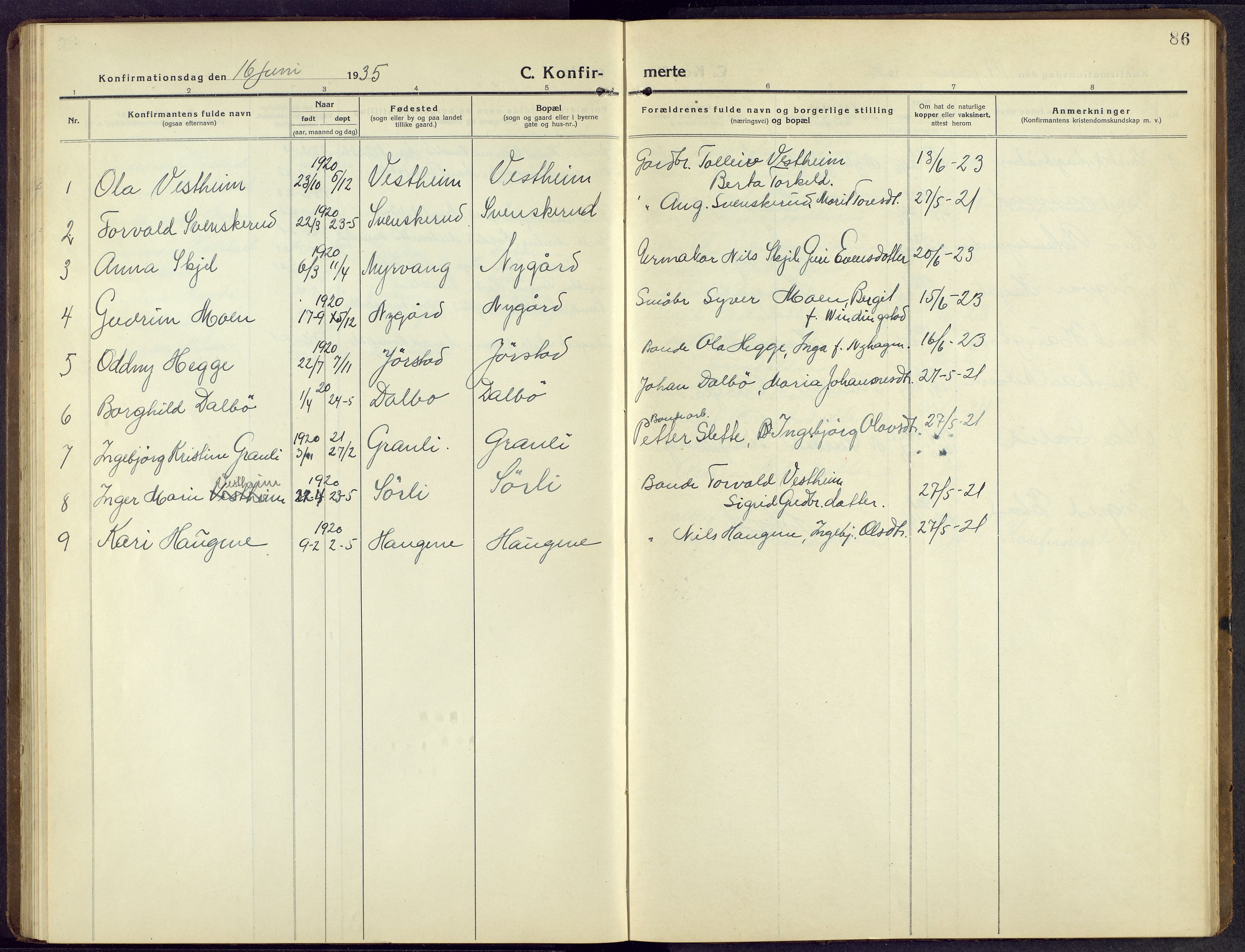 Øystre Slidre prestekontor, AV/SAH-PREST-138/H/Ha/Hab/L0009: Klokkerbok nr. 9, 1917-1952, s. 86
