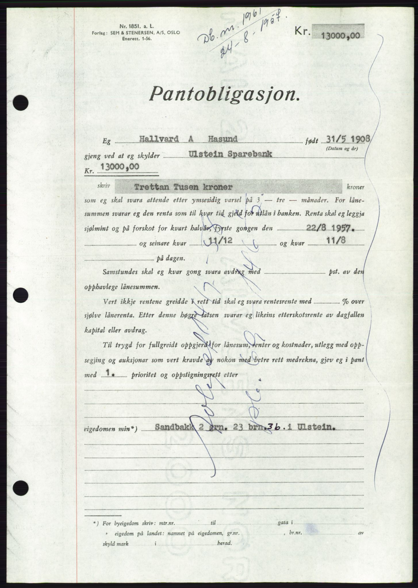 Søre Sunnmøre sorenskriveri, AV/SAT-A-4122/1/2/2C/L0130: Pantebok nr. 18B, 1957-1958, Dagboknr: 1961/1957