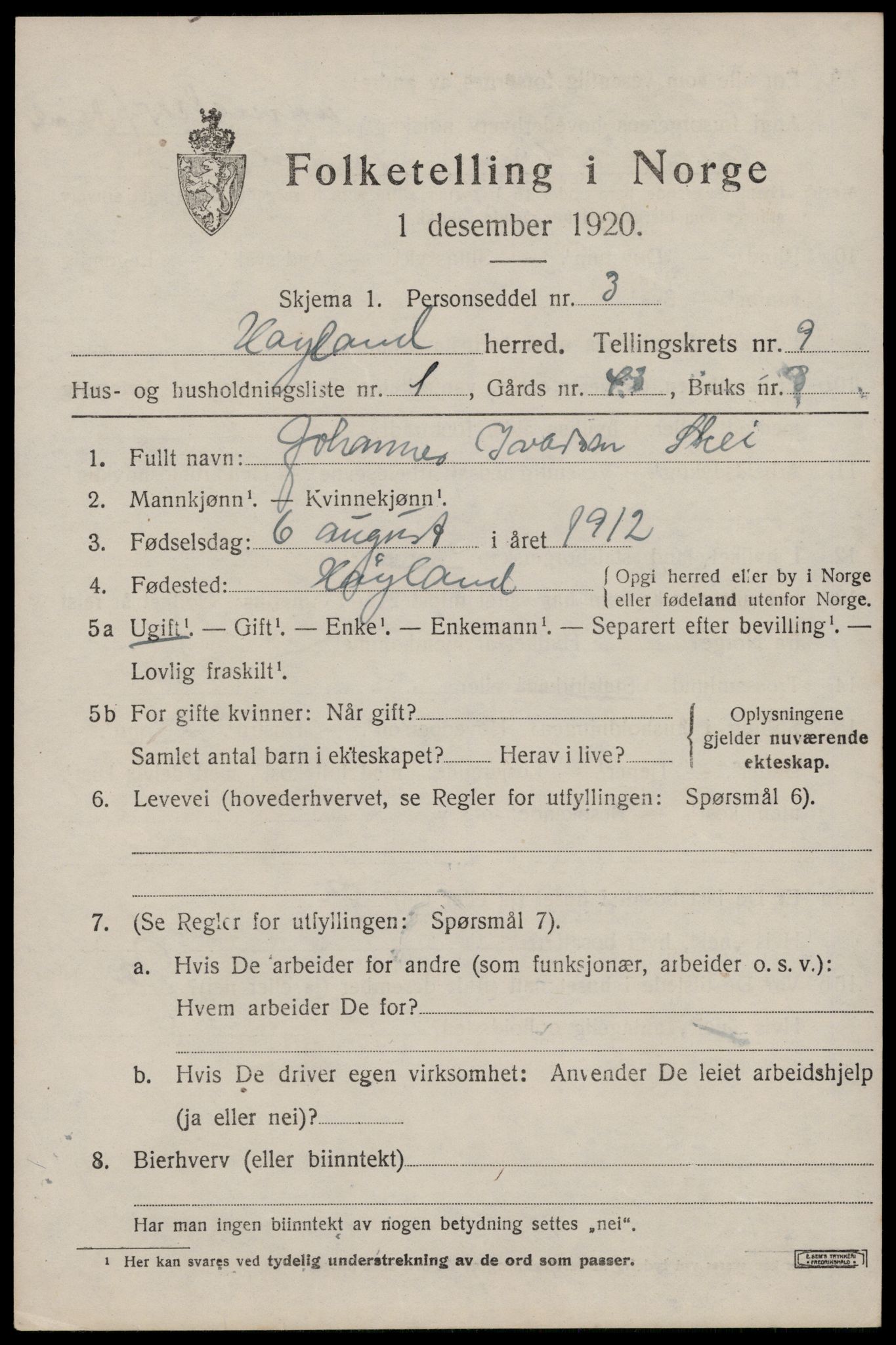 SAST, Folketelling 1920 for 1123 Høyland herred, 1920, s. 6064