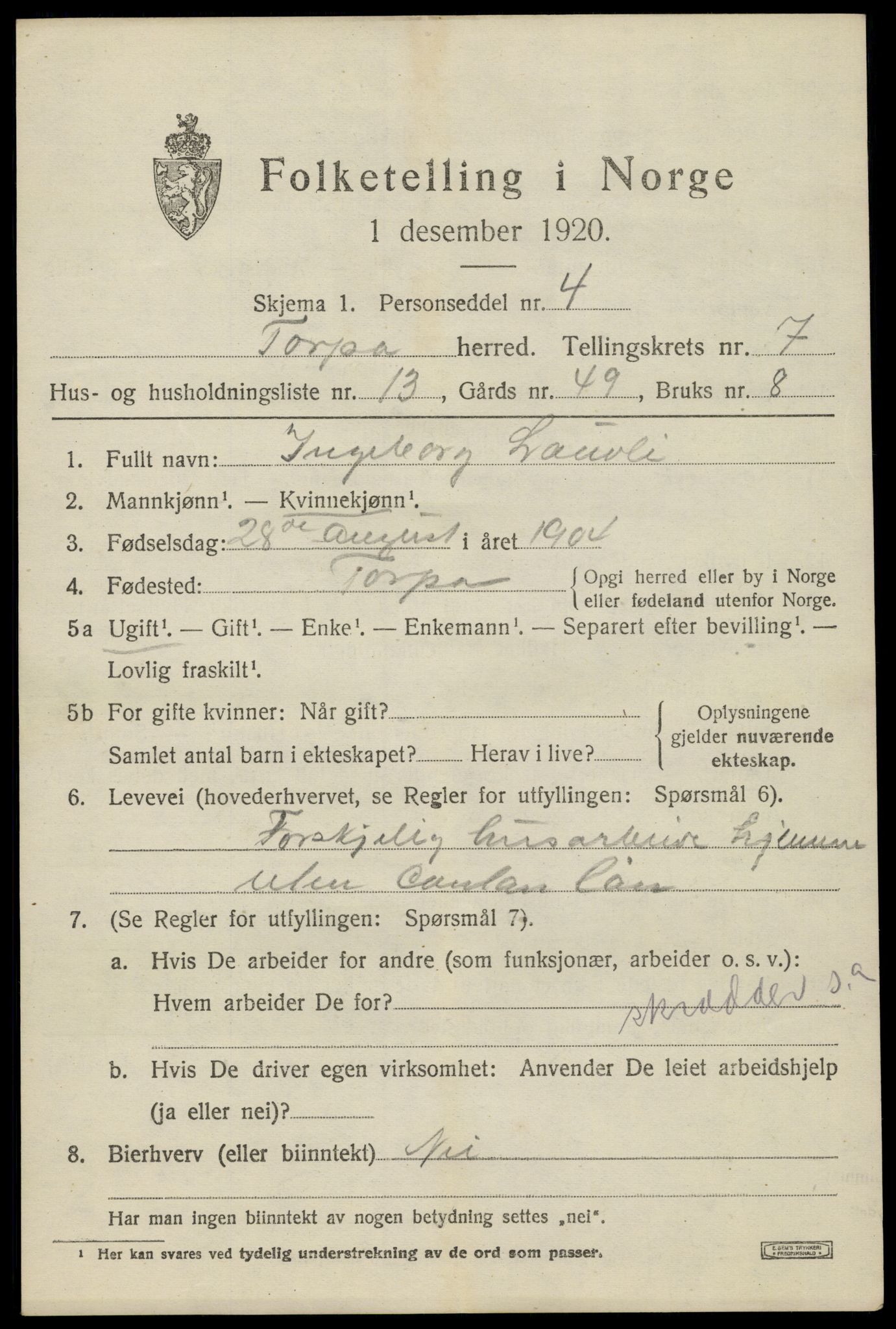 SAH, Folketelling 1920 for 0539 Torpa herred, 1920, s. 4321