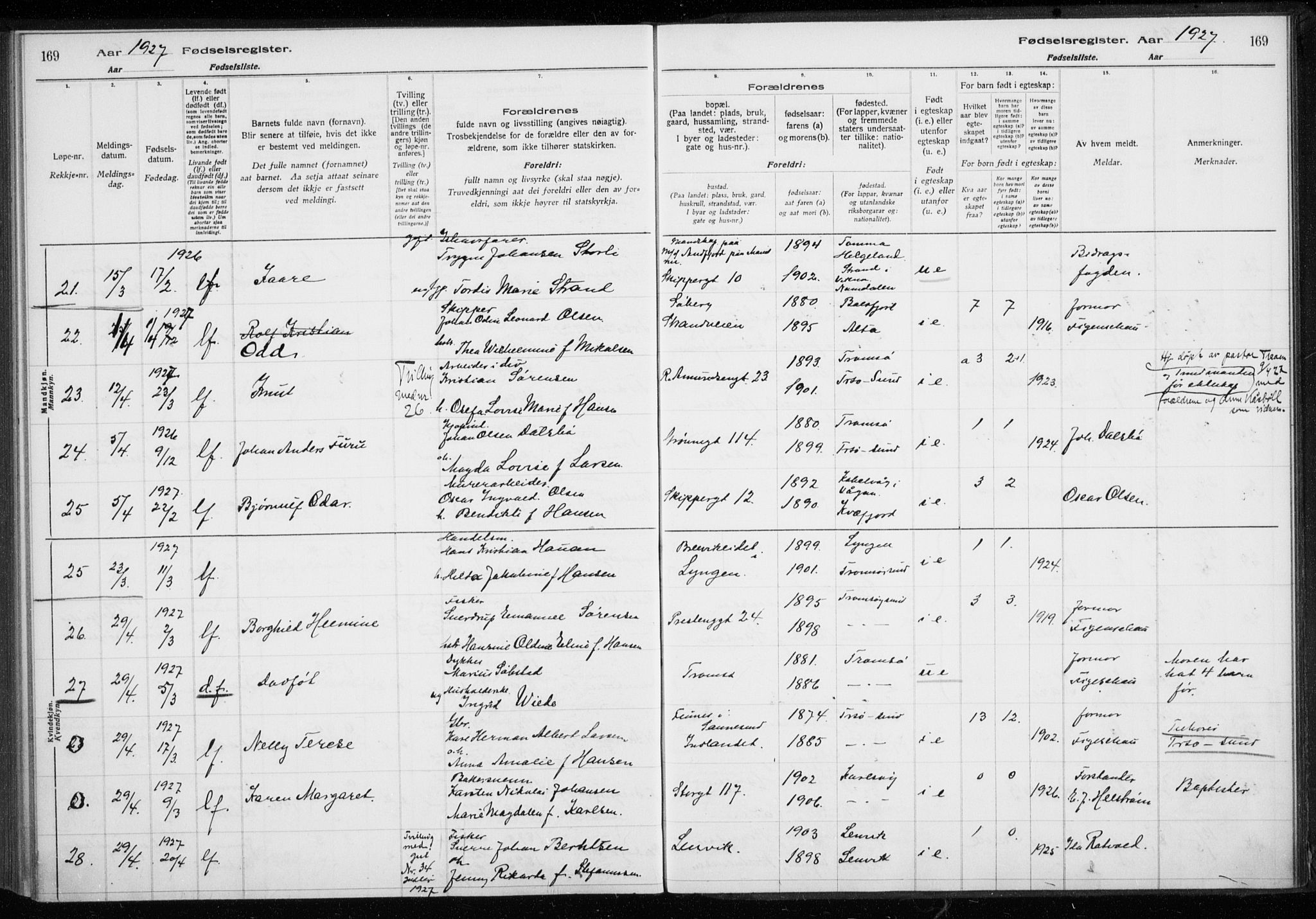 Tromsø sokneprestkontor/stiftsprosti/domprosti, AV/SATØ-S-1343/H/Ha/L0132: Fødselsregister nr. 132, 1921-1927, s. 169