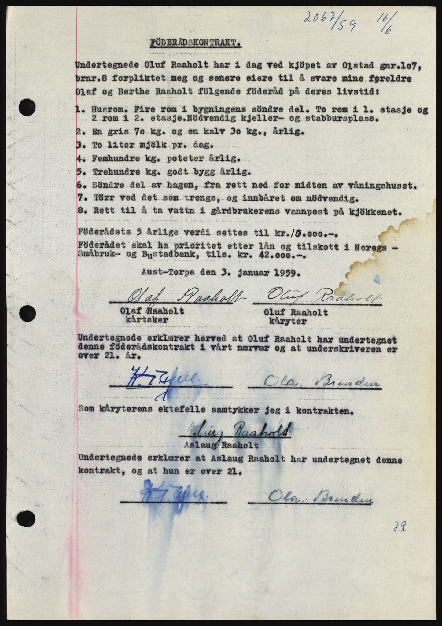 Hadeland og Land tingrett, SAH/TING-010/H/Hb/Hbc/L0040: Pantebok nr. B40, 1959-1959, Dagboknr: 2067/1959