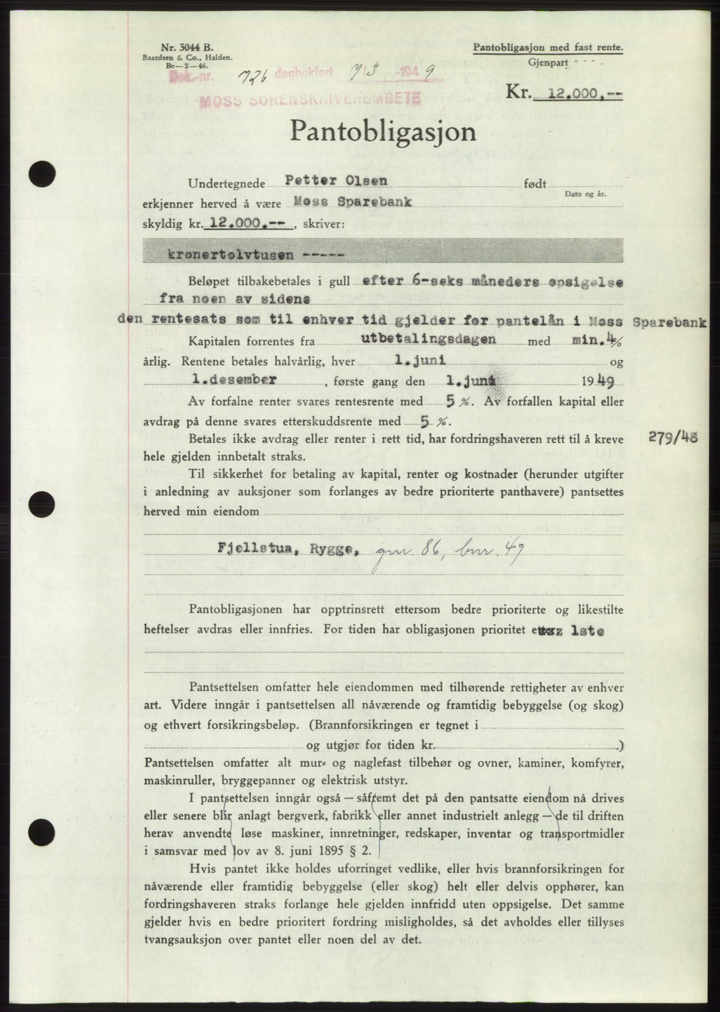 Moss sorenskriveri, SAO/A-10168: Pantebok nr. B21, 1949-1949, Dagboknr: 726/1949