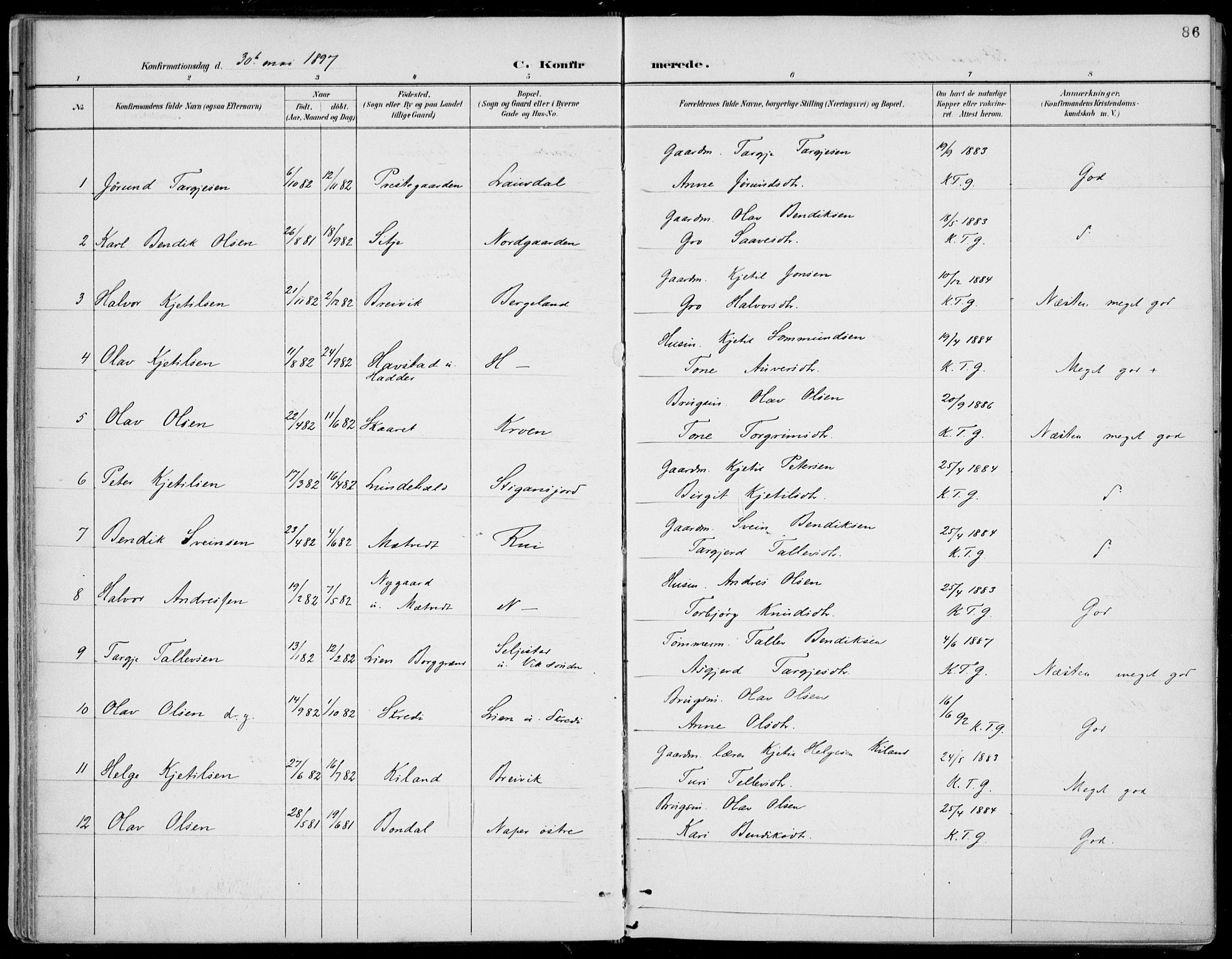 Fyresdal kirkebøker, AV/SAKO-A-263/F/Fa/L0007: Ministerialbok nr. I 7, 1887-1914, s. 86