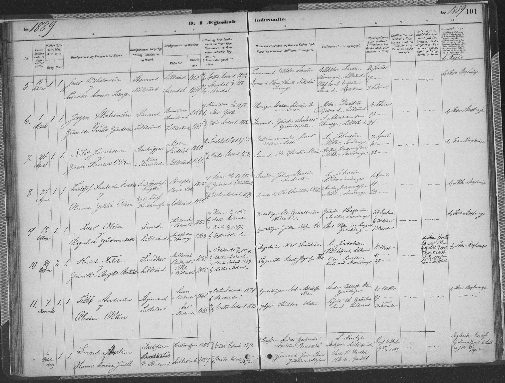 Vestre Moland sokneprestkontor, AV/SAK-1111-0046/F/Fa/Faa/L0001: Ministerialbok nr. A 1, 1884-1899, s. 101