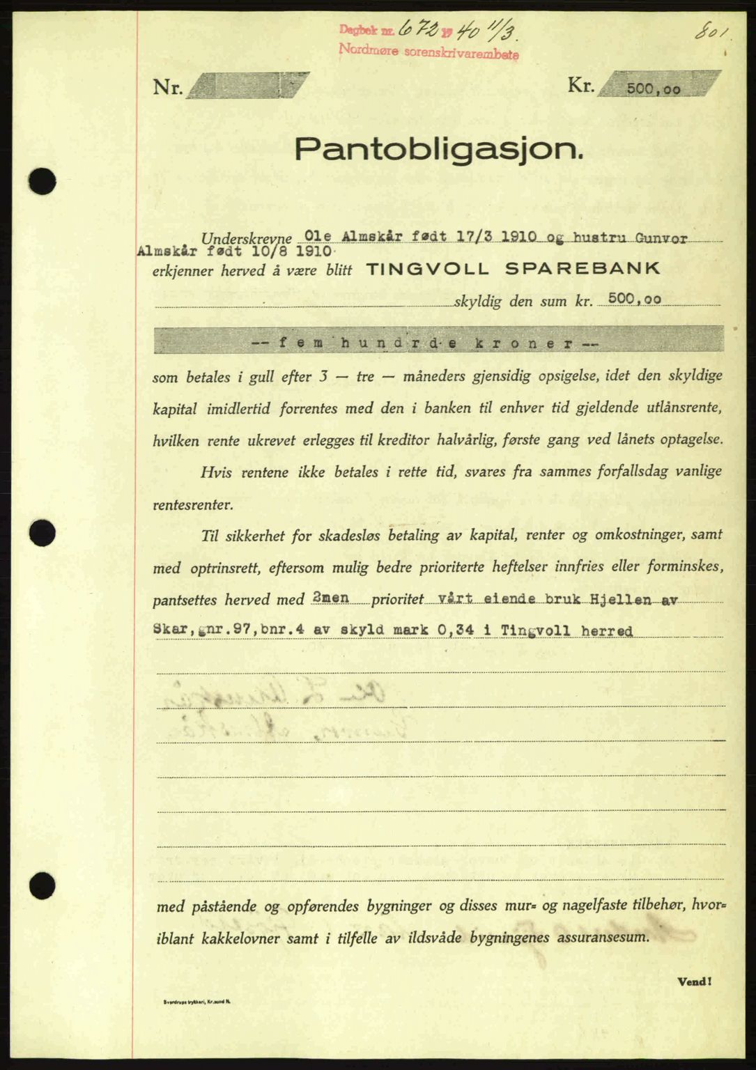 Nordmøre sorenskriveri, AV/SAT-A-4132/1/2/2Ca: Pantebok nr. B86, 1939-1940, Dagboknr: 672/1940