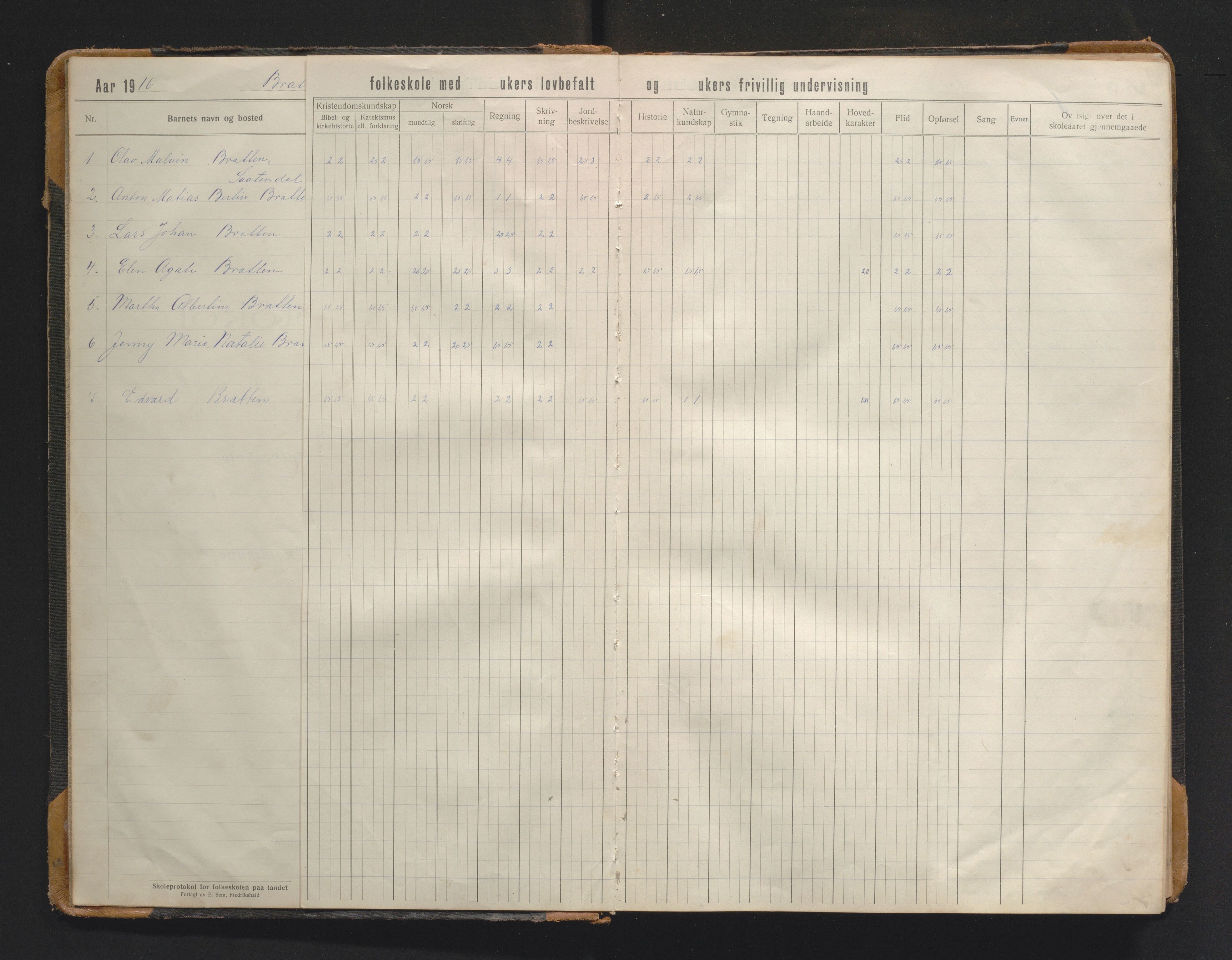 Austevoll kommune. Barneskulane, IKAH/1244-231/F/Fa/L0002: Skuleprotokoll for Bratten skule, 1916-1965