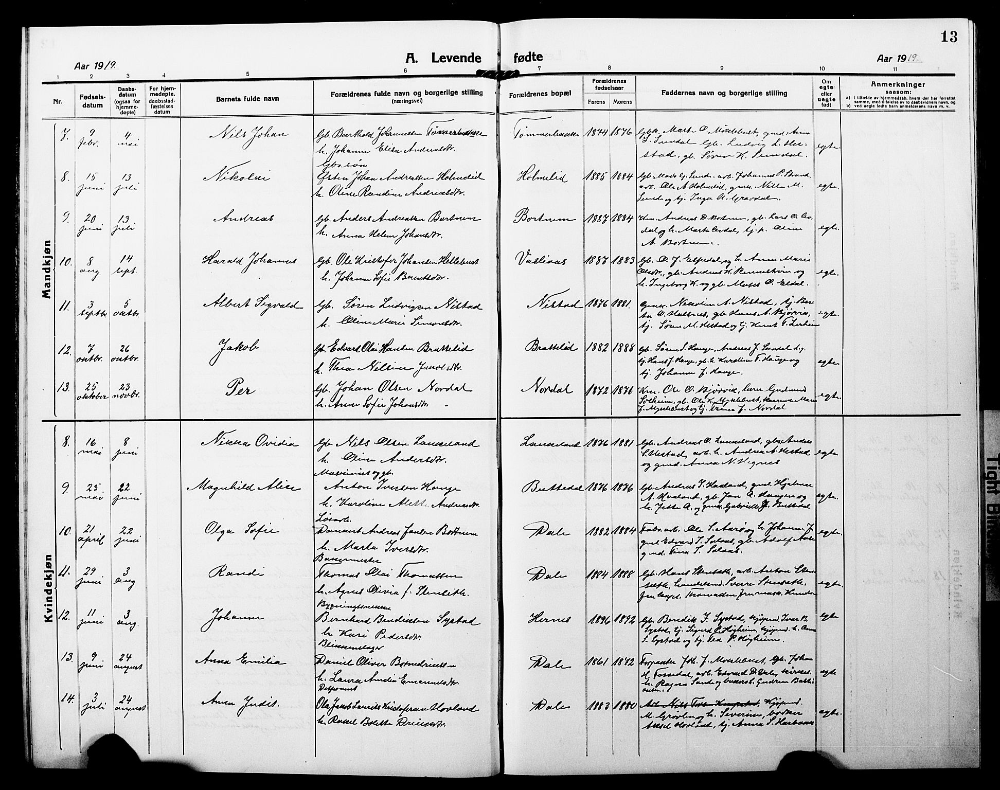 Fjaler sokneprestembete, AV/SAB-A-79801/H/Hab/Habc/L0004: Klokkerbok nr. C 4, 1914-1927, s. 13