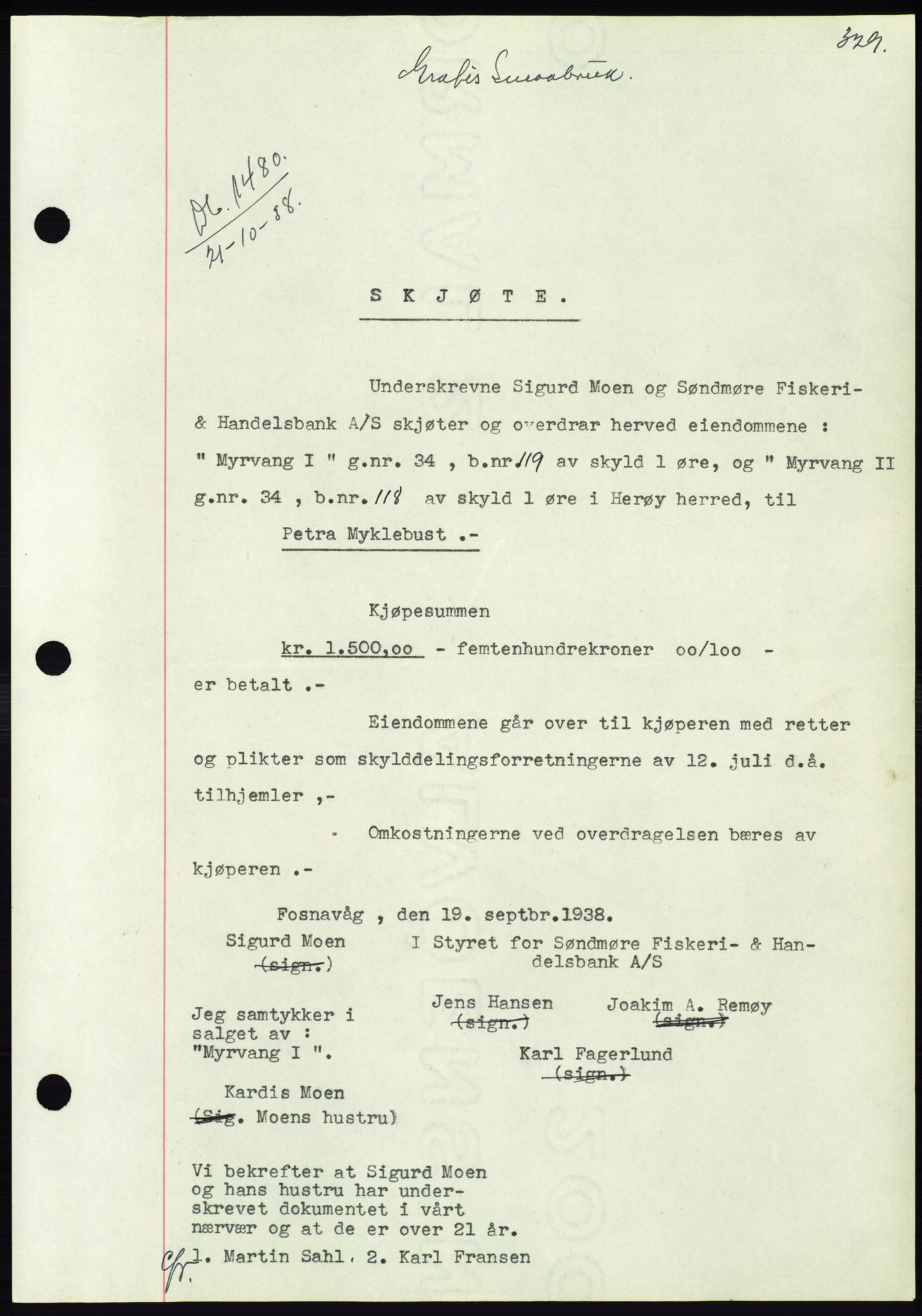 Søre Sunnmøre sorenskriveri, AV/SAT-A-4122/1/2/2C/L0066: Pantebok nr. 60, 1938-1938, Dagboknr: 1480/1938