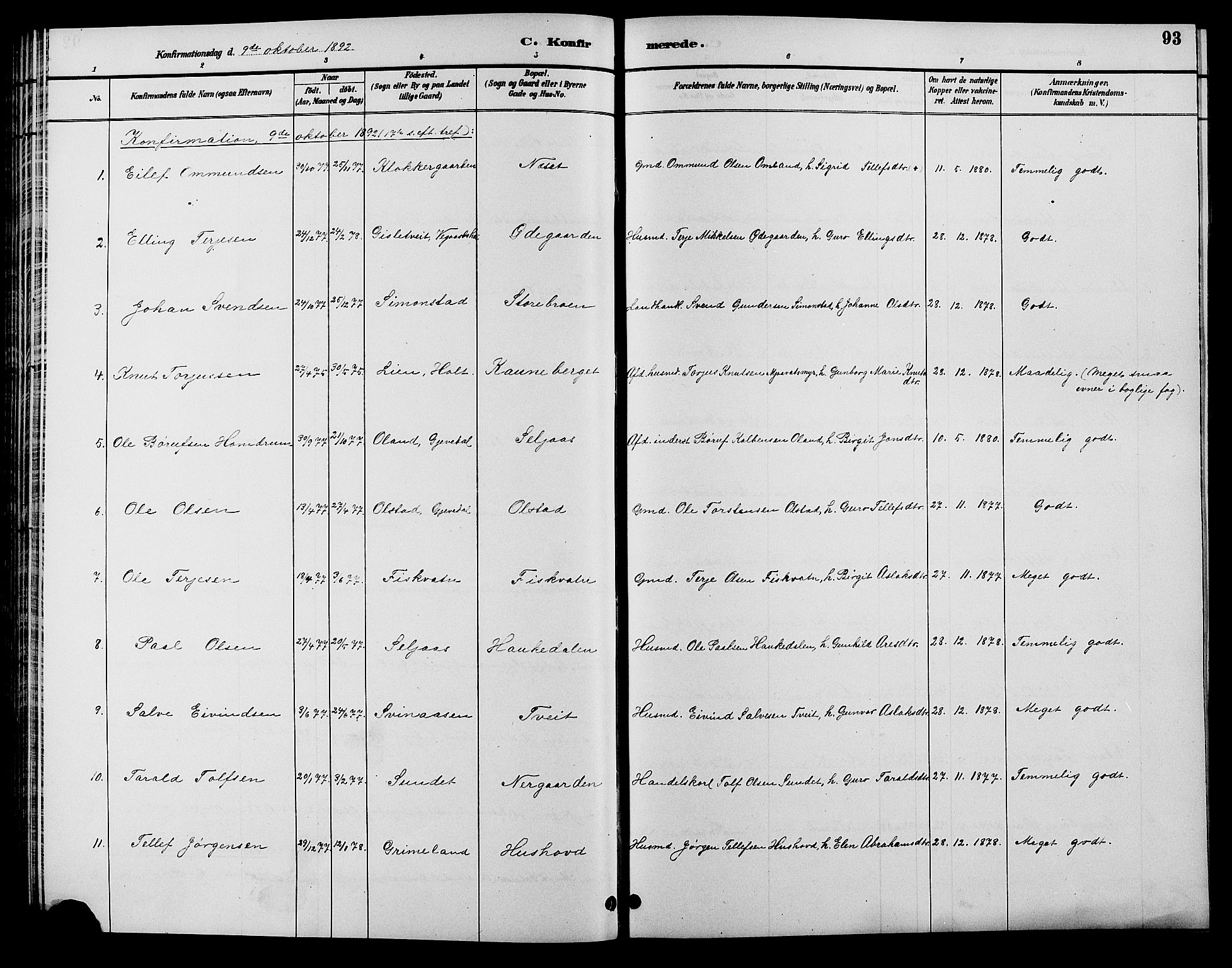 Åmli sokneprestkontor, SAK/1111-0050/F/Fb/Fbc/L0004: Klokkerbok nr. B 4, 1889-1902, s. 93