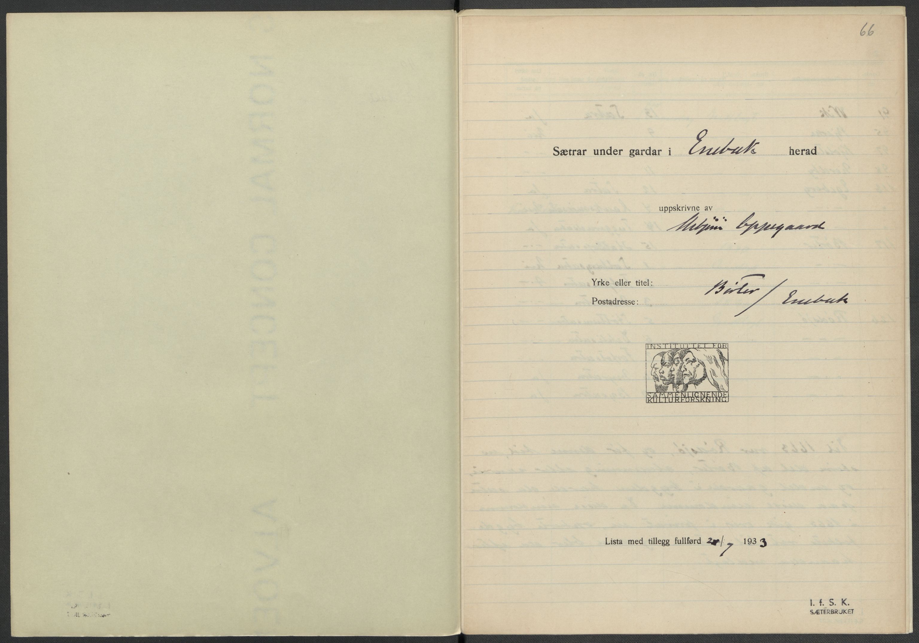 Instituttet for sammenlignende kulturforskning, AV/RA-PA-0424/F/Fc/L0002/0002: Eske B2: / Akershus (perm II), 1932-1936, s. 66
