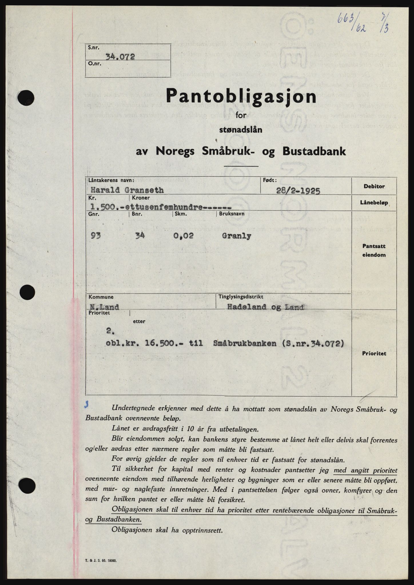 Hadeland og Land tingrett, SAH/TING-010/H/Hb/Hbc/L0048: Pantebok nr. B48, 1962-1962, Dagboknr: 663/1962