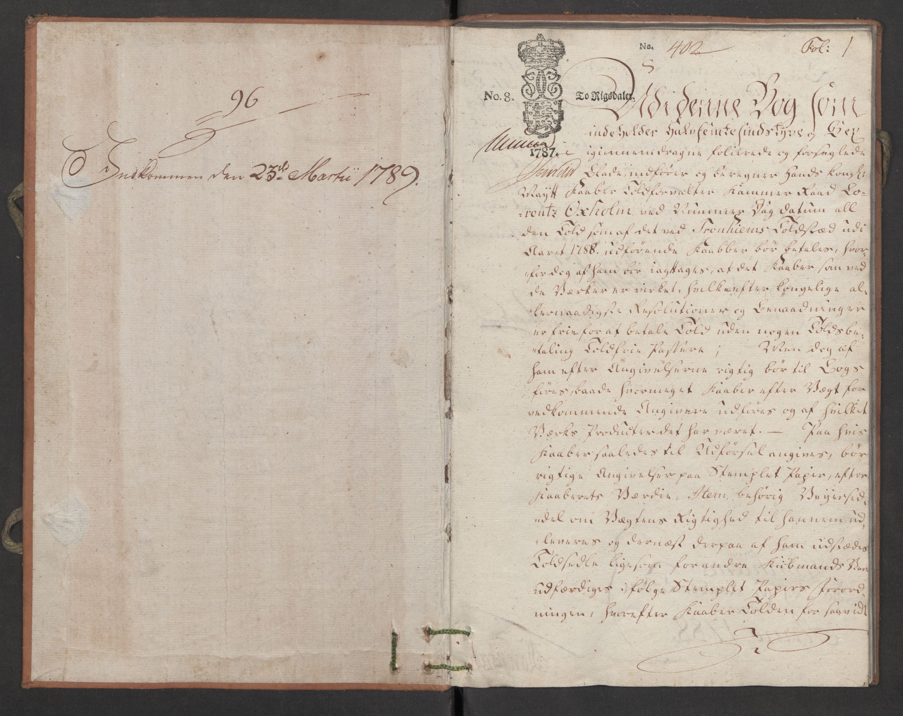 Generaltollkammeret, tollregnskaper, AV/RA-EA-5490/R34/L0038/0001: Koppertollregnskaper Trondheim B / Tollbok for koppertollen, 1788