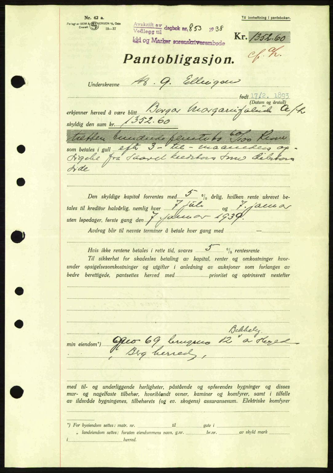 Idd og Marker sorenskriveri, AV/SAO-A-10283/G/Gb/Gbc/L0001: Pantebok nr. B1-3, 1936-1939, Dagboknr: 853/1938