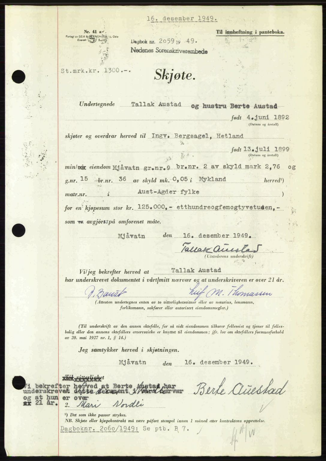 Nedenes sorenskriveri, AV/SAK-1221-0006/G/Gb/Gba/L0062: Pantebok nr. A14, 1949-1950, Dagboknr: 2059/1949