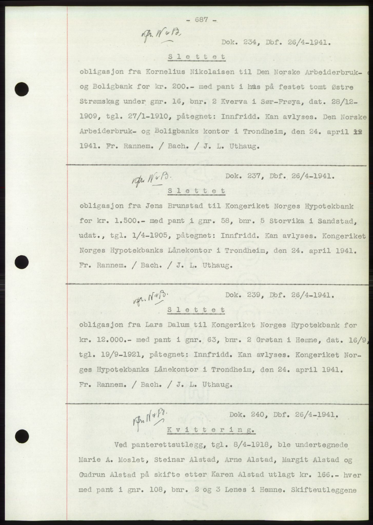 Hitra sorenskriveri, AV/SAT-A-0018/2/2C/2Ca: Pantebok nr. C1, 1936-1945, Dagboknr: 234/1941