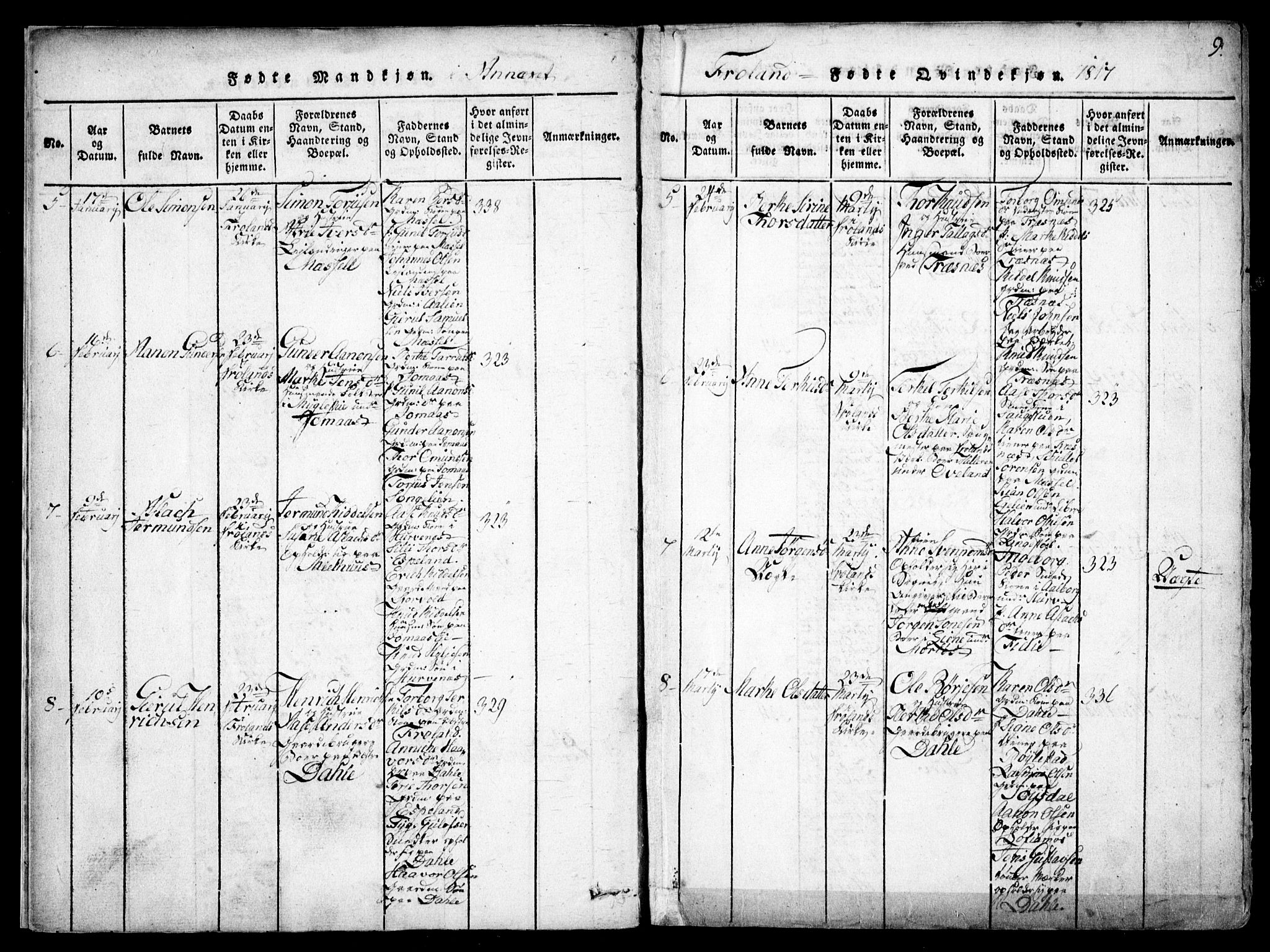Fjære sokneprestkontor, AV/SAK-1111-0011/F/Fb/L0007: Klokkerbok nr. B 7, 1816-1826, s. 9