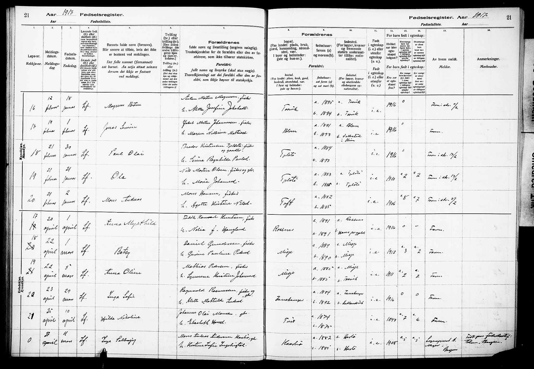 Herdla Sokneprestembete, AV/SAB-A-75701/I/Id/L00A1: Fødselsregister nr. A 1, 1916-1929, s. 21