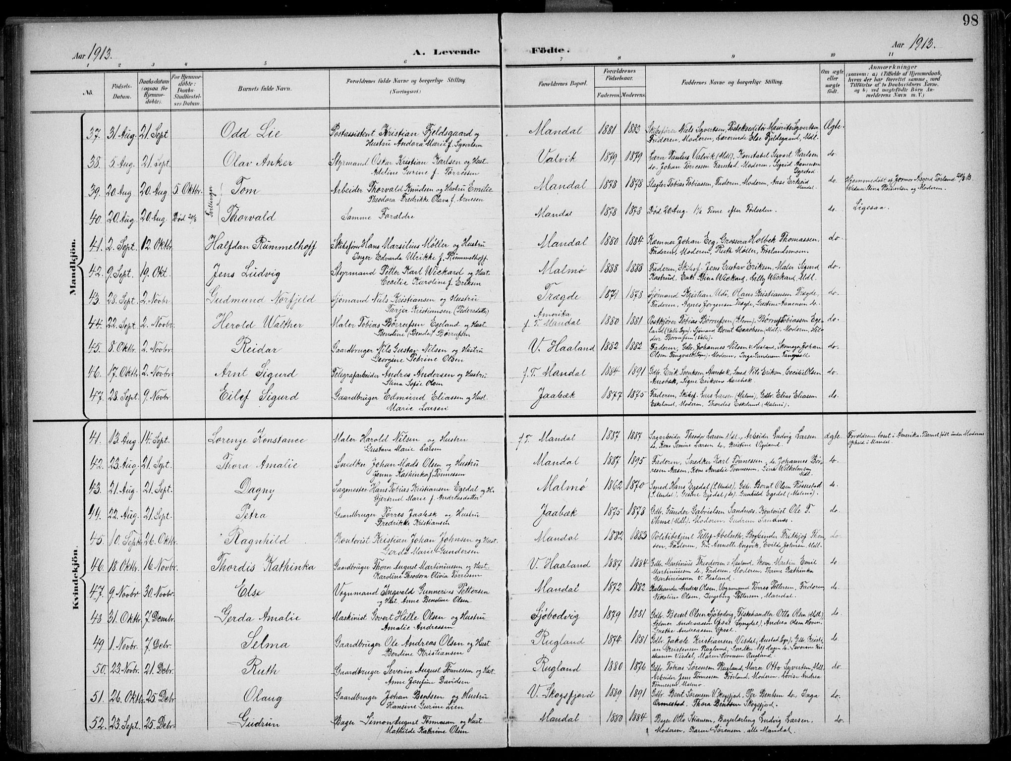 Mandal sokneprestkontor, AV/SAK-1111-0030/F/Fb/Fba/L0012: Klokkerbok nr. B 6, 1899-1918, s. 98