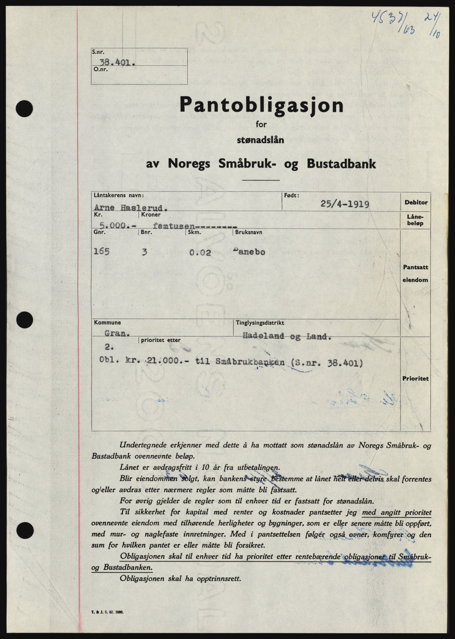 Hadeland og Land tingrett, SAH/TING-010/H/Hb/Hbc/L0053: Pantebok nr. B53, 1963-1964, Dagboknr: 4537/1963