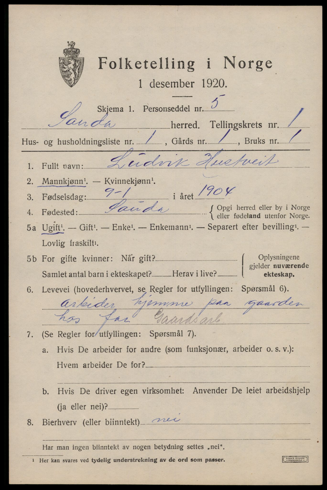 SAST, Folketelling 1920 for 1135 Sauda herred, 1920, s. 836