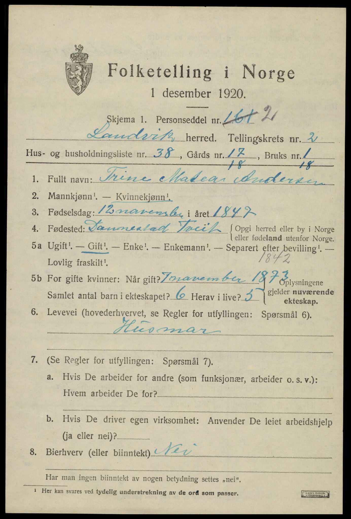 SAK, Folketelling 1920 for 0924 Landvik herred, 1920, s. 2088