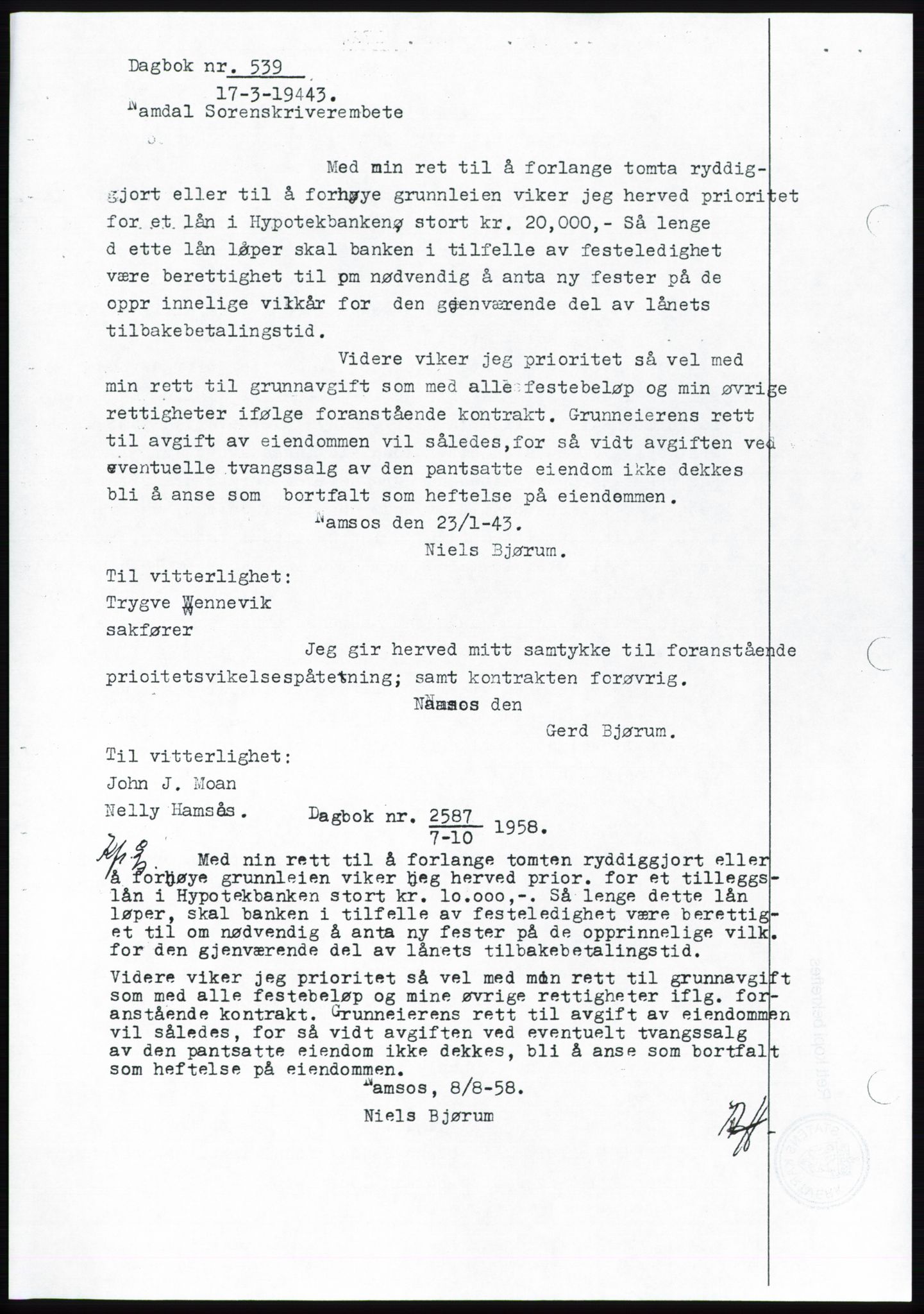 Namdal sorenskriveri, SAT/A-4133/1/2/2C: Pantebok nr. -, 1942-1943, Dagboknr: 539/1943