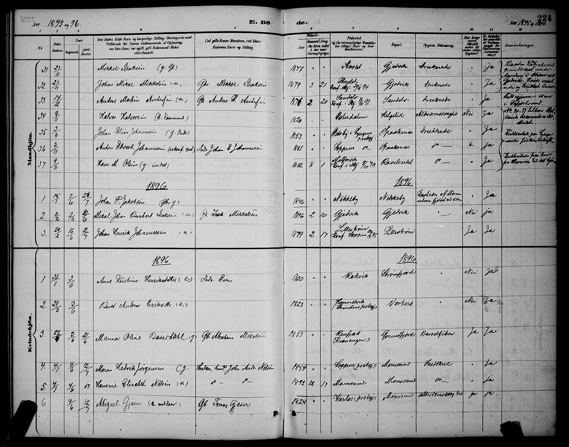 Skjervøy sokneprestkontor, AV/SATØ-S-1300/H/Ha/Hab/L0007klokker: Klokkerbok nr. 7, 1889-1899, s. 224