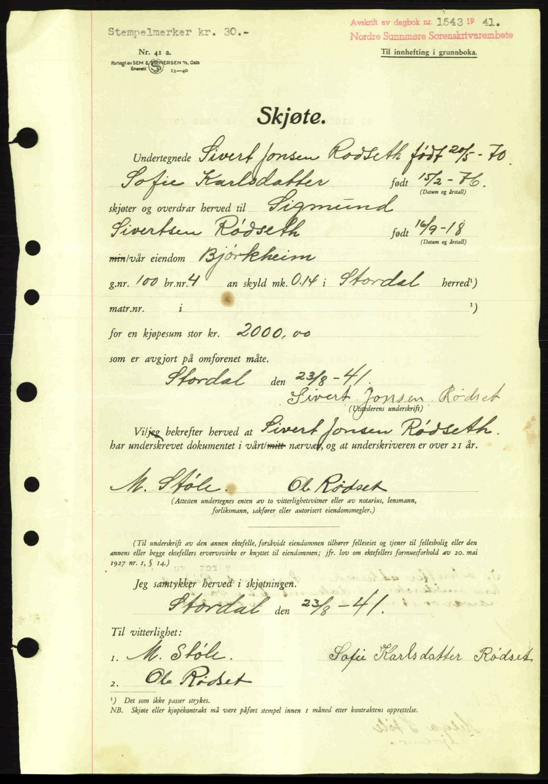 Nordre Sunnmøre sorenskriveri, AV/SAT-A-0006/1/2/2C/2Ca: Pantebok nr. A11, 1941-1941, Dagboknr: 1543/1941