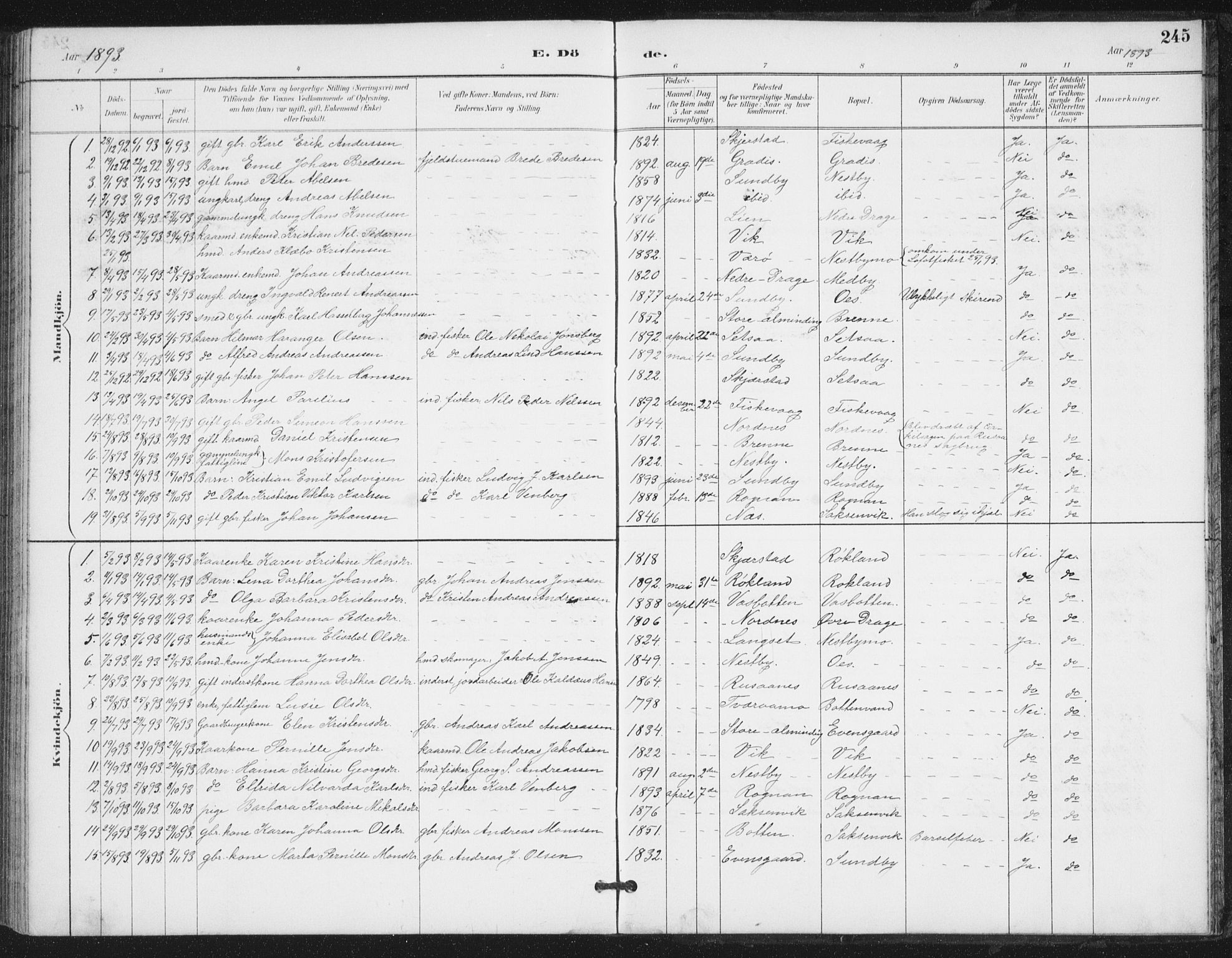 Ministerialprotokoller, klokkerbøker og fødselsregistre - Nordland, SAT/A-1459/847/L0682: Klokkerbok nr. 847C10, 1889-1907, s. 245