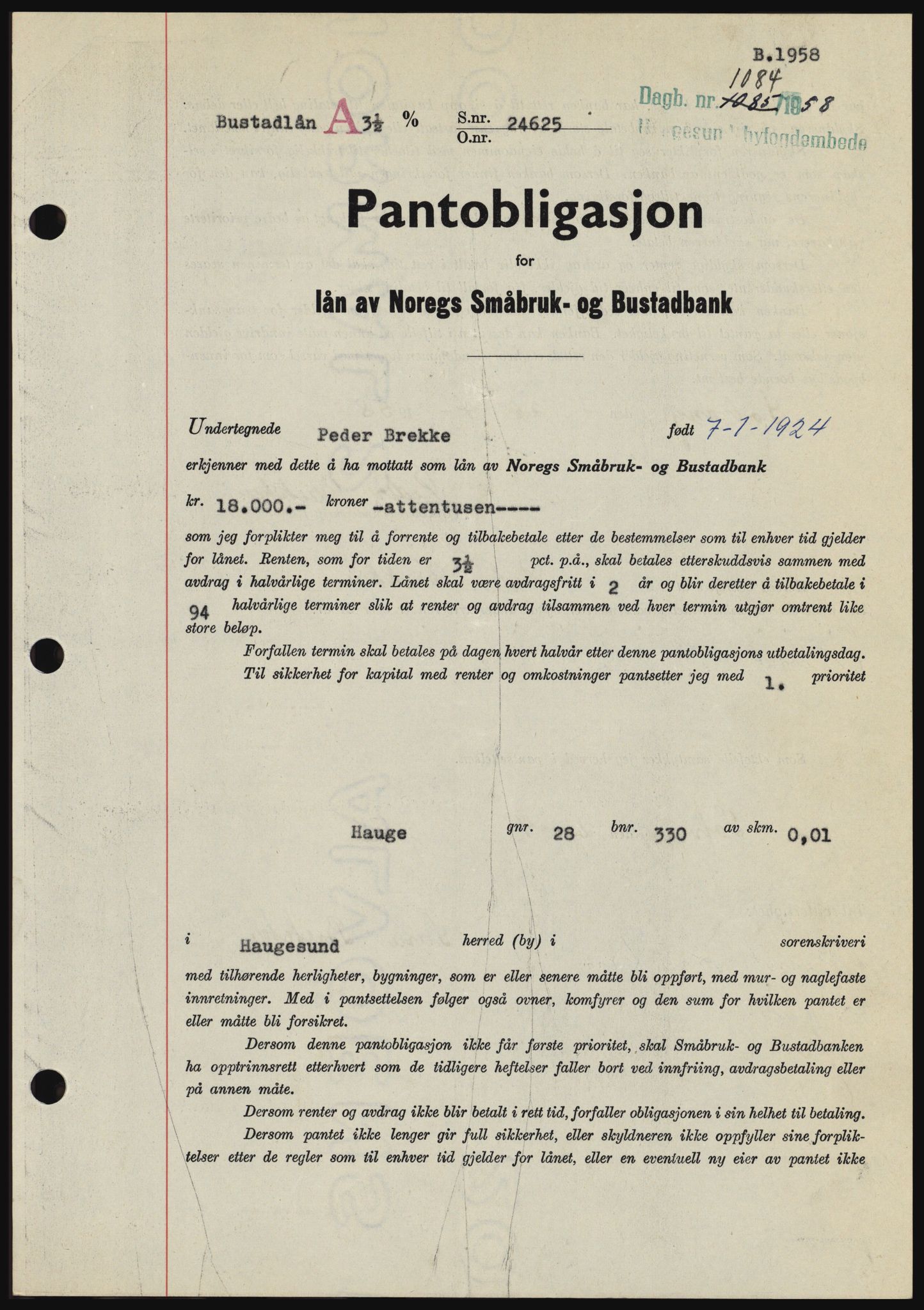 Haugesund tingrett, SAST/A-101415/01/II/IIC/L0044: Pantebok nr. B 44, 1958-1959, Dagboknr: 1084/1958