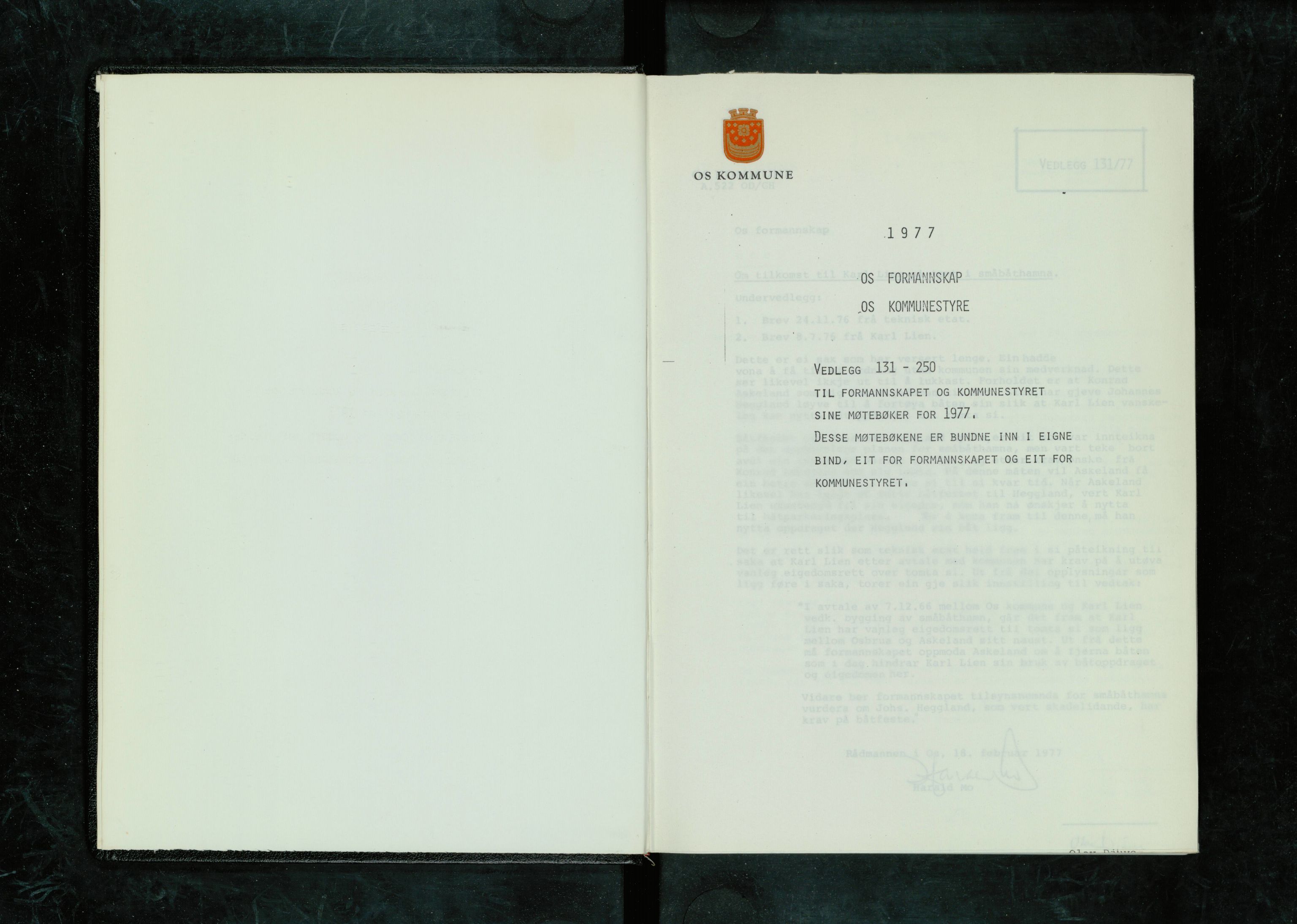 Os kommune. Formannskapet, IKAH/1243-021/A/Ad/L0015: Protokoll over saksvedlegg til møtebøker for formannskapet og kommunestyret. Vedlegg 131-250, 1977