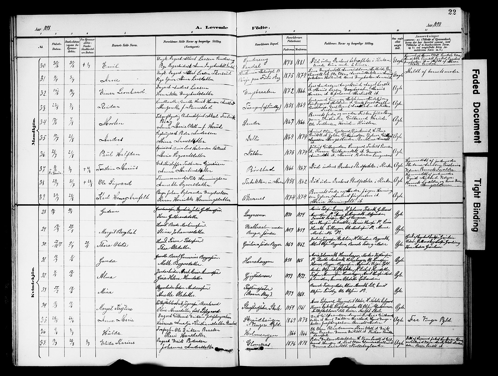 Sør-Odal prestekontor, AV/SAH-PREST-030/H/Ha/Hab/L0001: Klokkerbok nr. 1, 1895-1902, s. 22