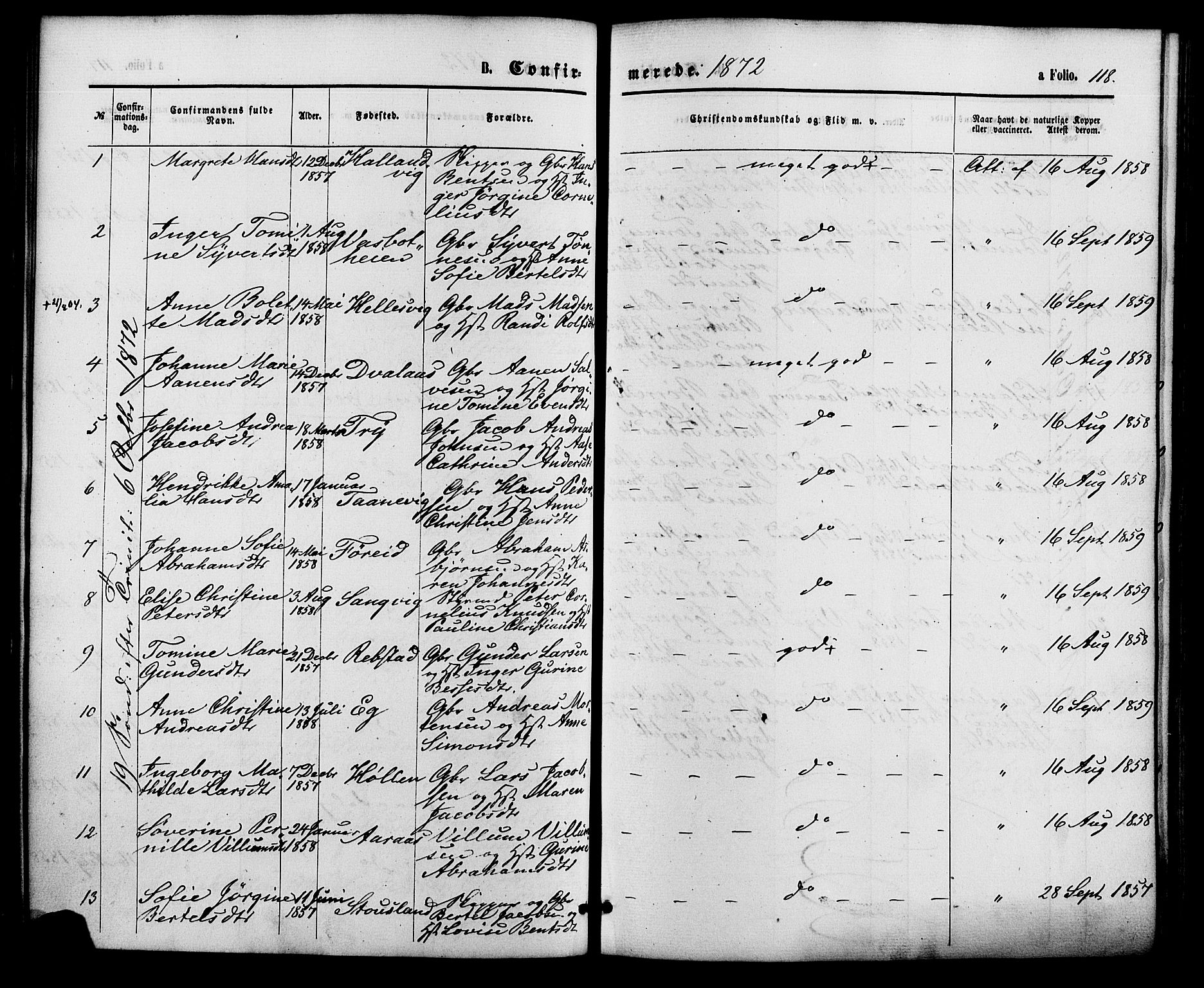 Søgne sokneprestkontor, SAK/1111-0037/F/Fa/Fab/L0011: Ministerialbok nr. A 11, 1869-1879, s. 118