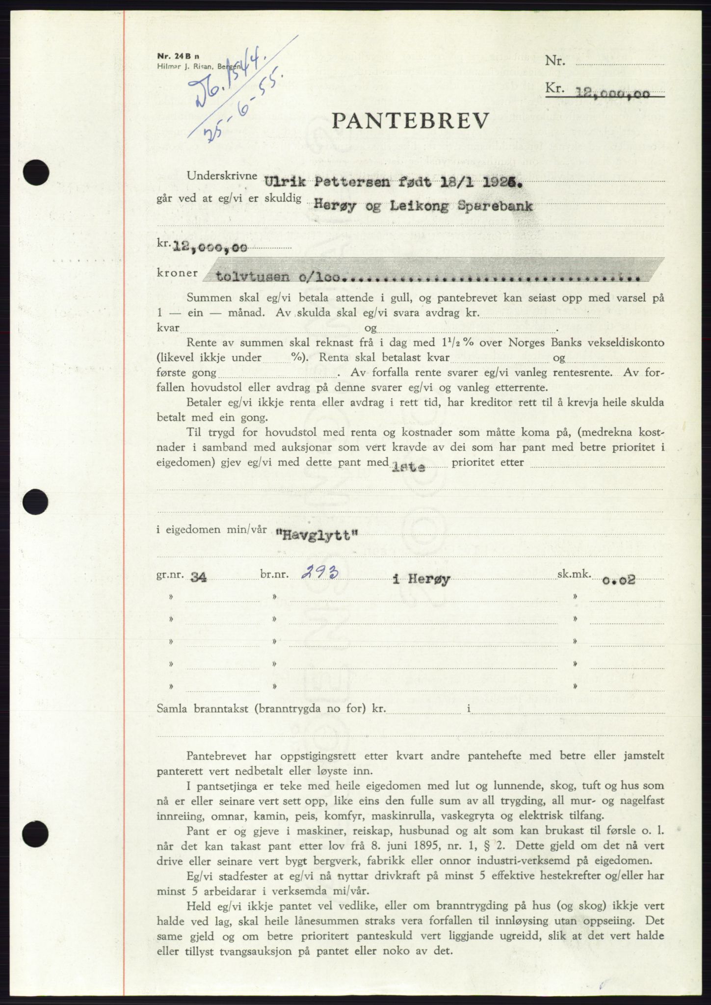 Søre Sunnmøre sorenskriveri, SAT/A-4122/1/2/2C/L0127: Pantebok nr. 15B, 1955-1955, Dagboknr: 1544/1955