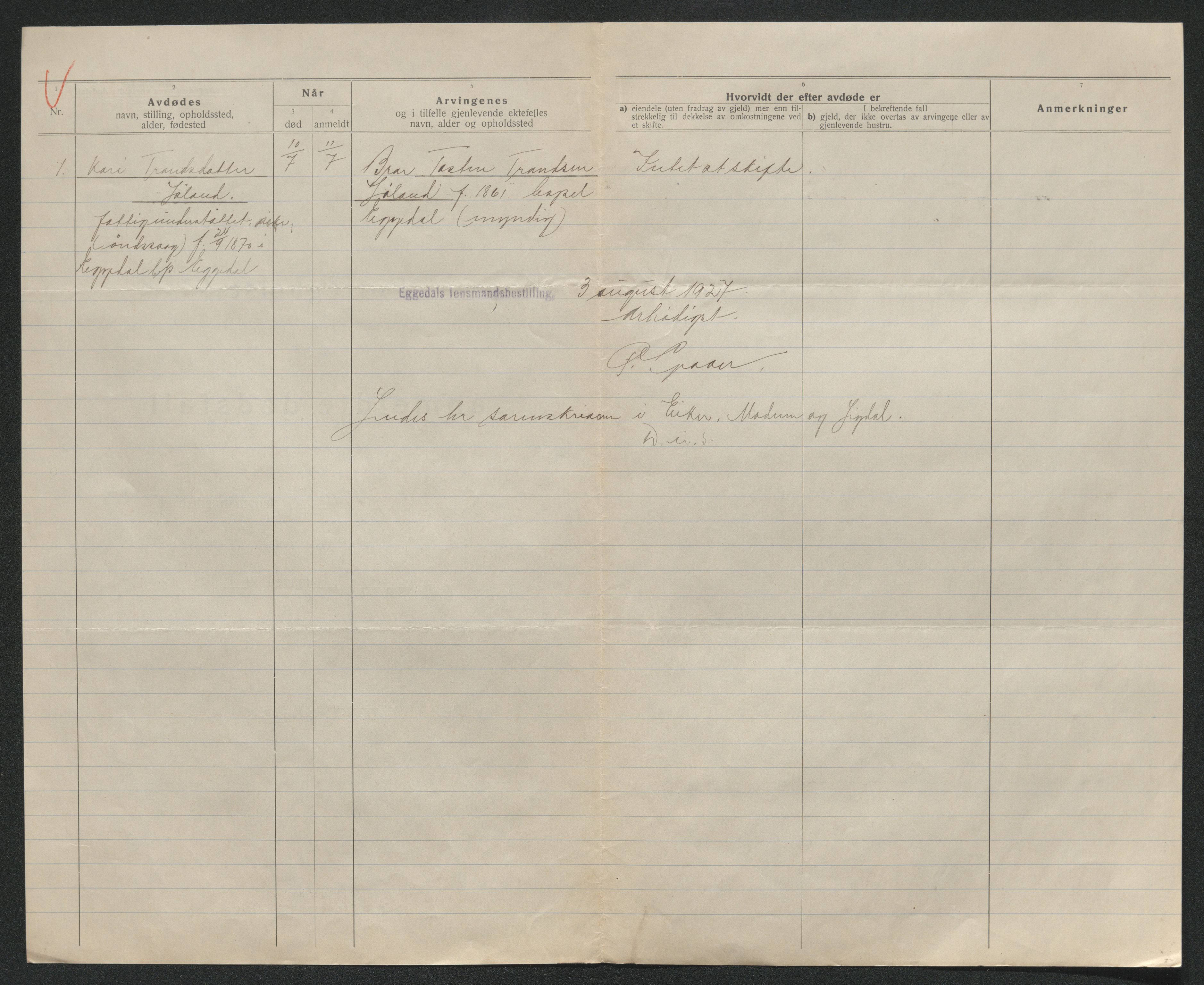 Eiker, Modum og Sigdal sorenskriveri, AV/SAKO-A-123/H/Ha/Hab/L0044: Dødsfallsmeldinger, 1926-1927, s. 876