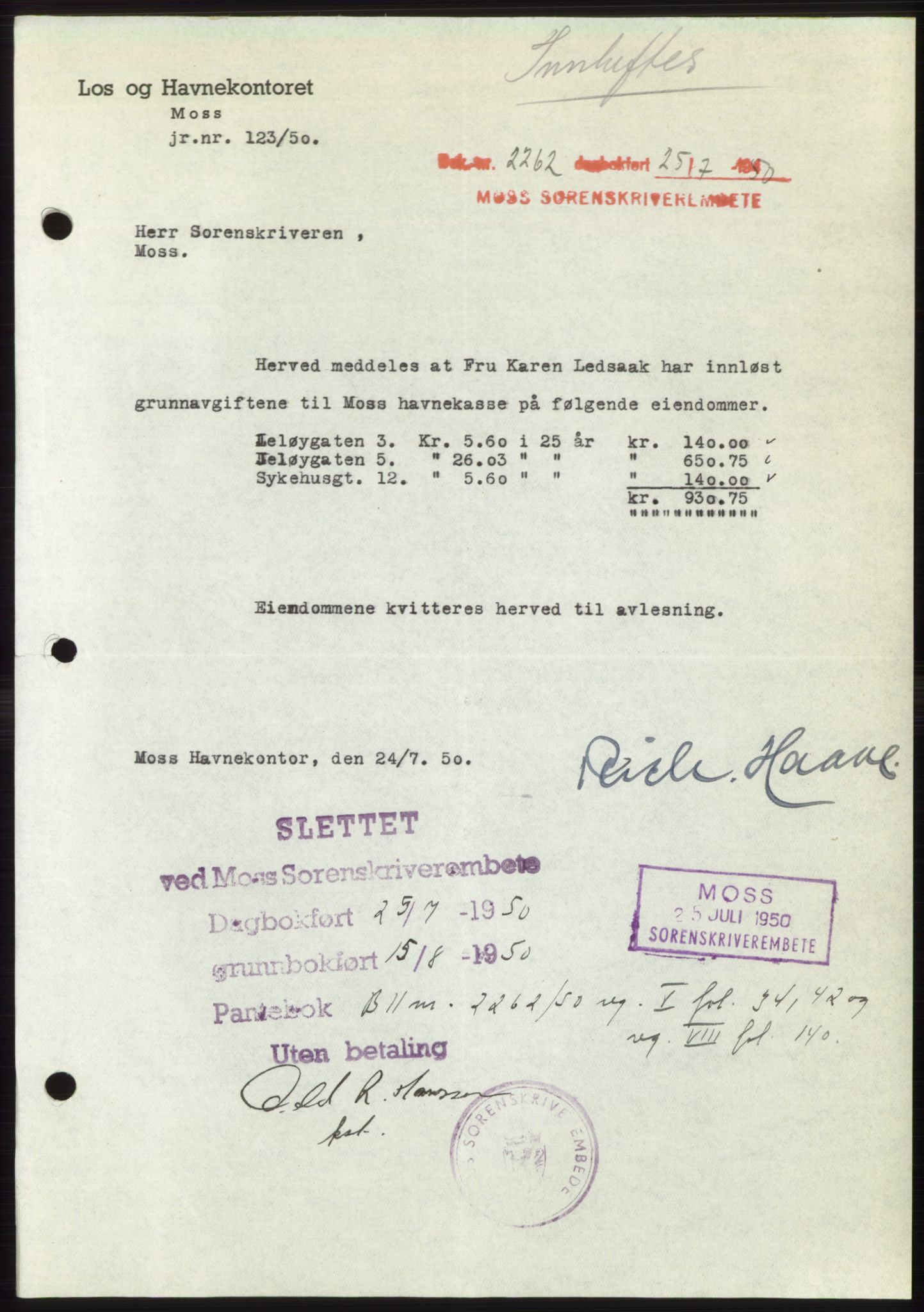 Moss sorenskriveri, AV/SAO-A-10168: Pantebok nr. B24, 1950-1950, Dagboknr: 2262/1950