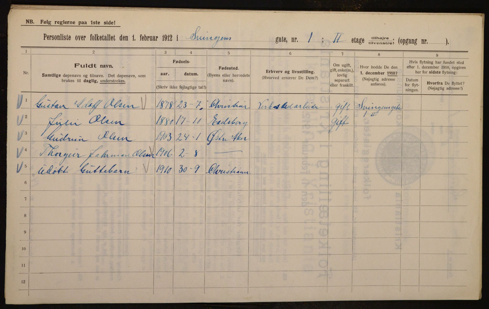 OBA, Kommunal folketelling 1.2.1912 for Kristiania, 1912, s. 106135