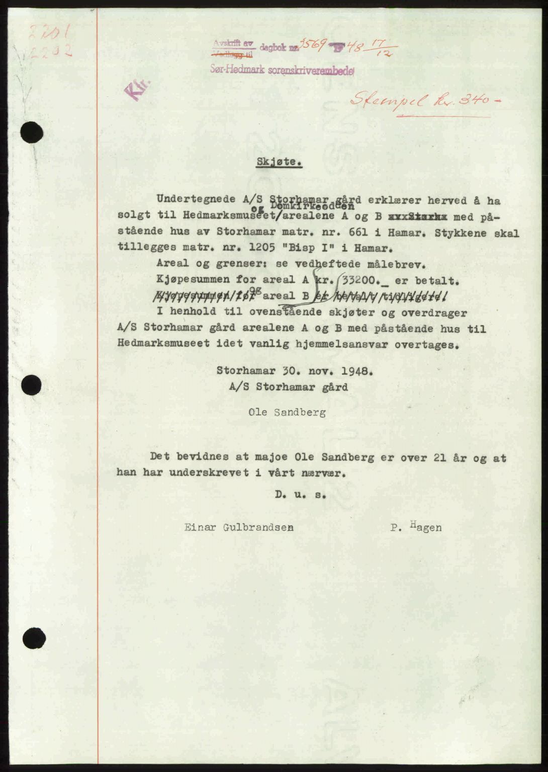 Sør-Hedmark sorenskriveri, SAH/TING-014/H/Hb/Hbd/L0018: Pantebok nr. 18, 1948-1949, Dagboknr: 3569/1948