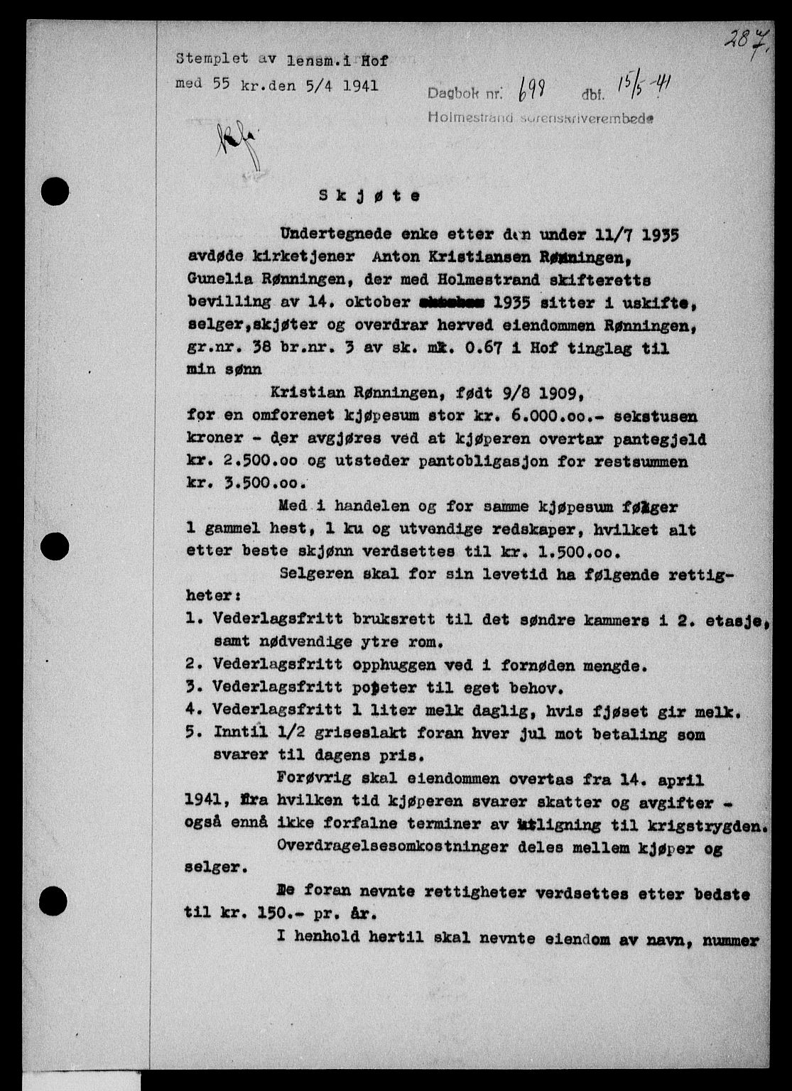 Holmestrand sorenskriveri, SAKO/A-67/G/Ga/Gaa/L0053: Pantebok nr. A-53, 1941-1941, Dagboknr: 698/1941