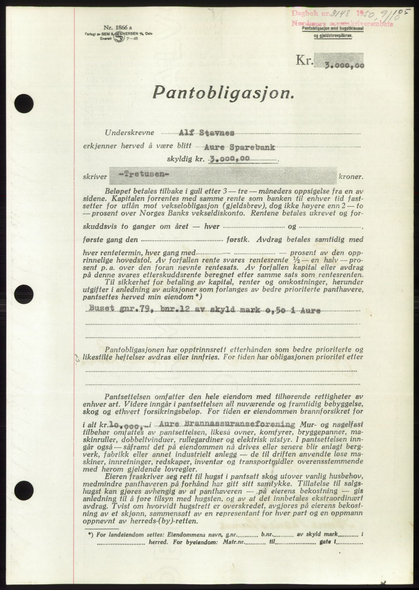 Nordmøre sorenskriveri, SAT/A-4132/1/2/2Ca: Pantebok nr. B106, 1950-1950, Dagboknr: 3148/1950