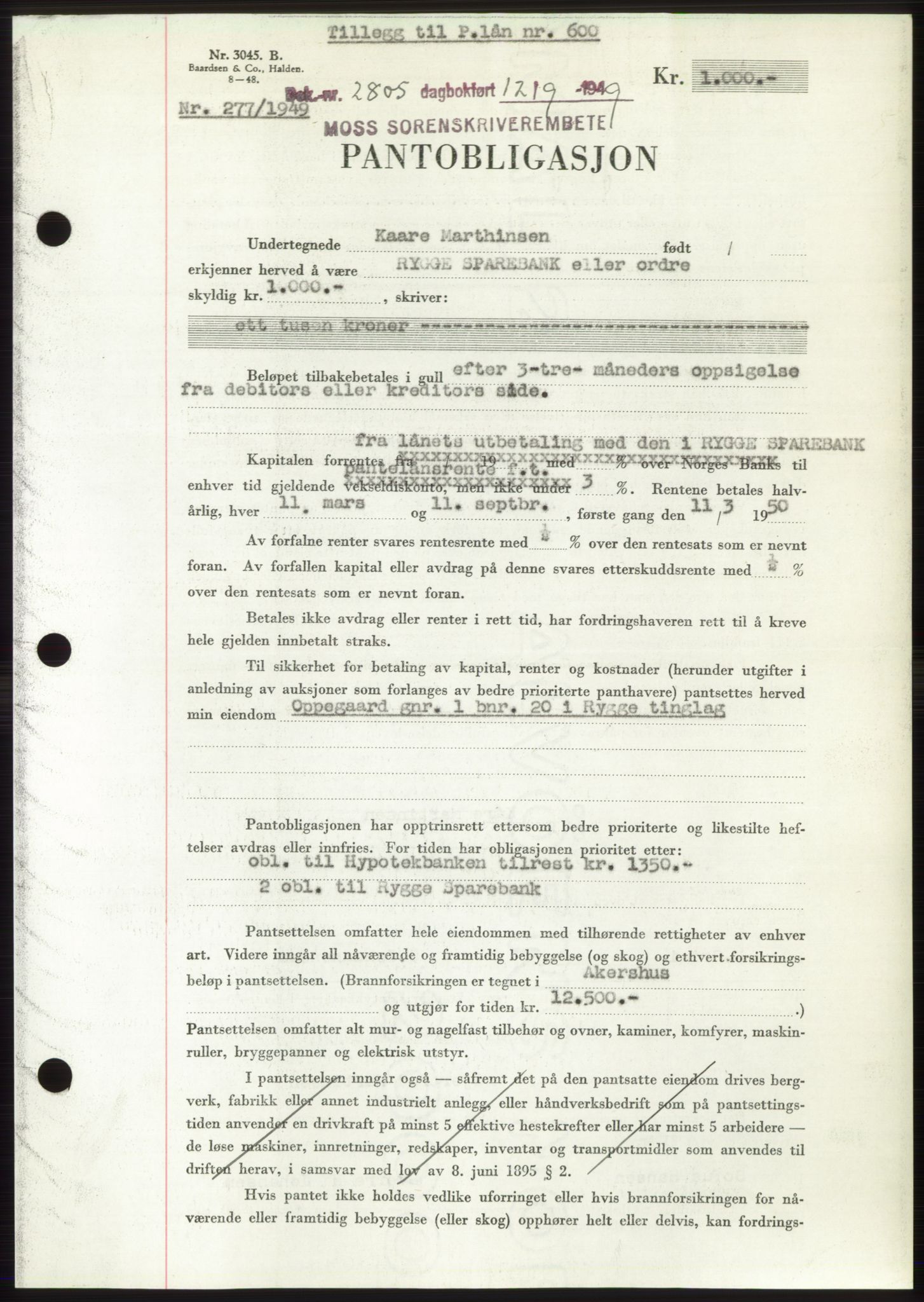 Moss sorenskriveri, SAO/A-10168: Pantebok nr. B22, 1949-1949, Dagboknr: 2805/1949