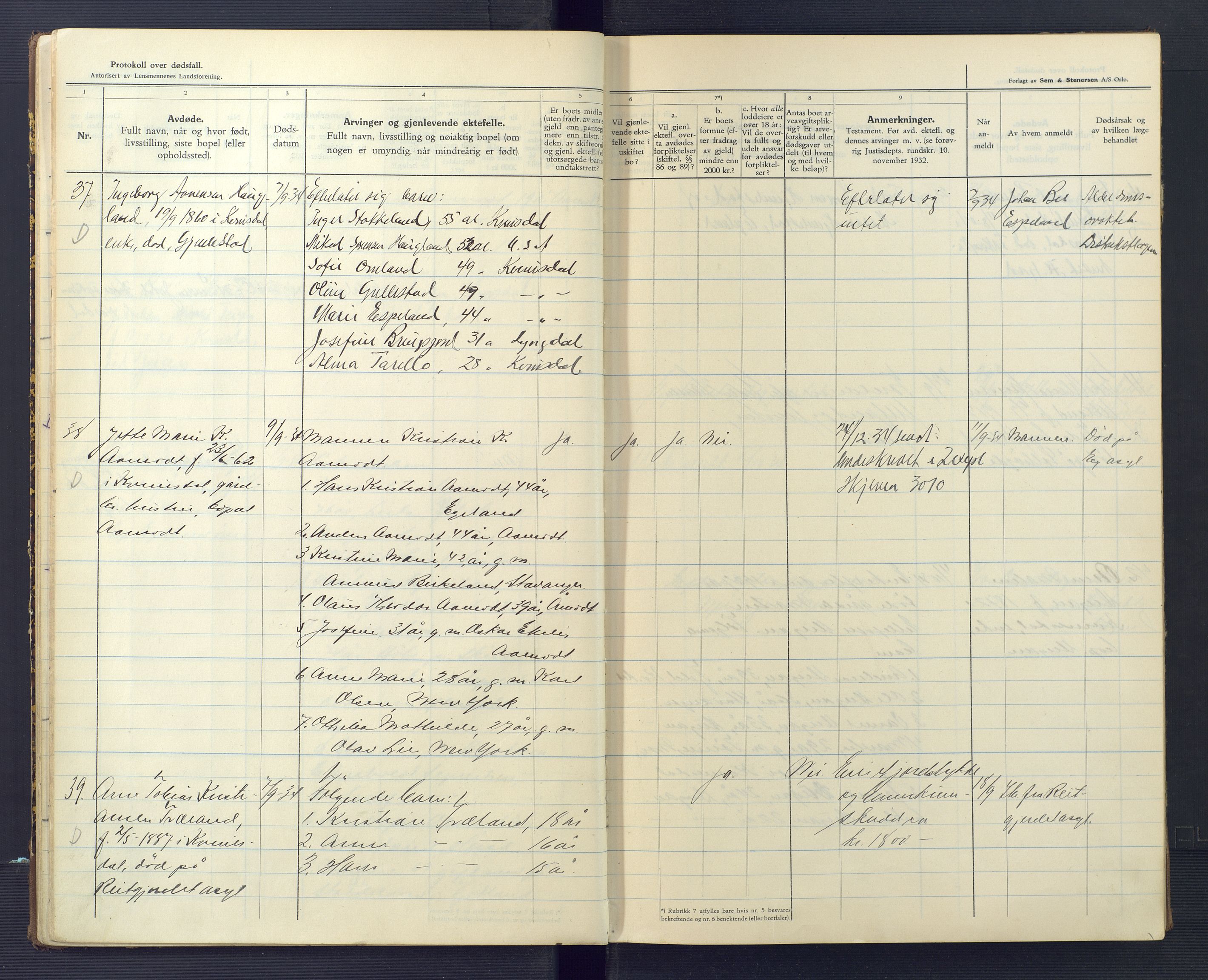 Kvinesdal lensmannskontor, SAK/1241-0026/F/Fe/L0004: Dødsfallsprotokoll nr A24, 1933-1941