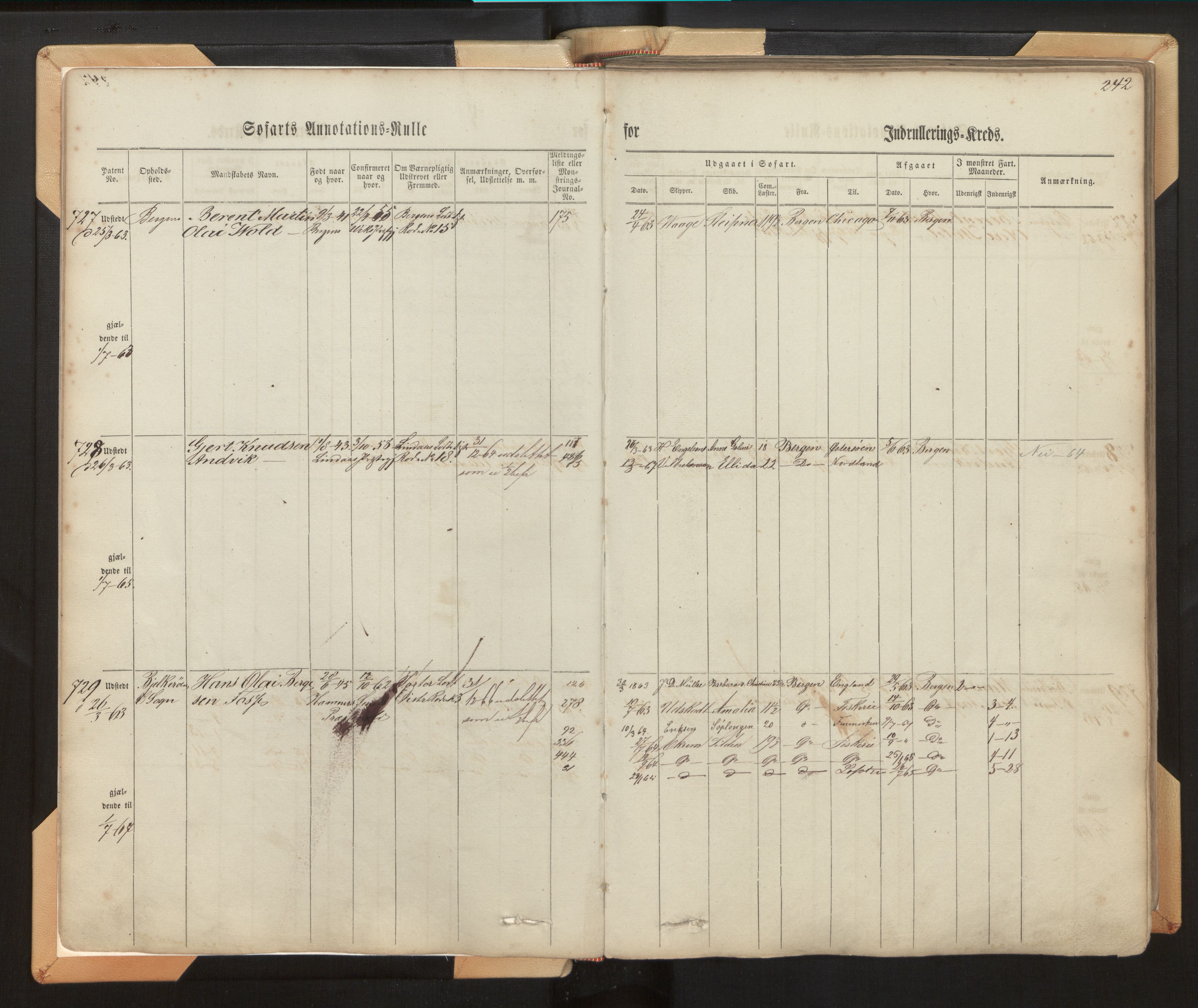 Innrulleringssjefen i Bergen, AV/SAB-A-100050/F/Fh/L0006: Sjøfarts- og annotasjonsrulle for Bergen krets, fol. 239 - ut, 1860-1867, s. 242