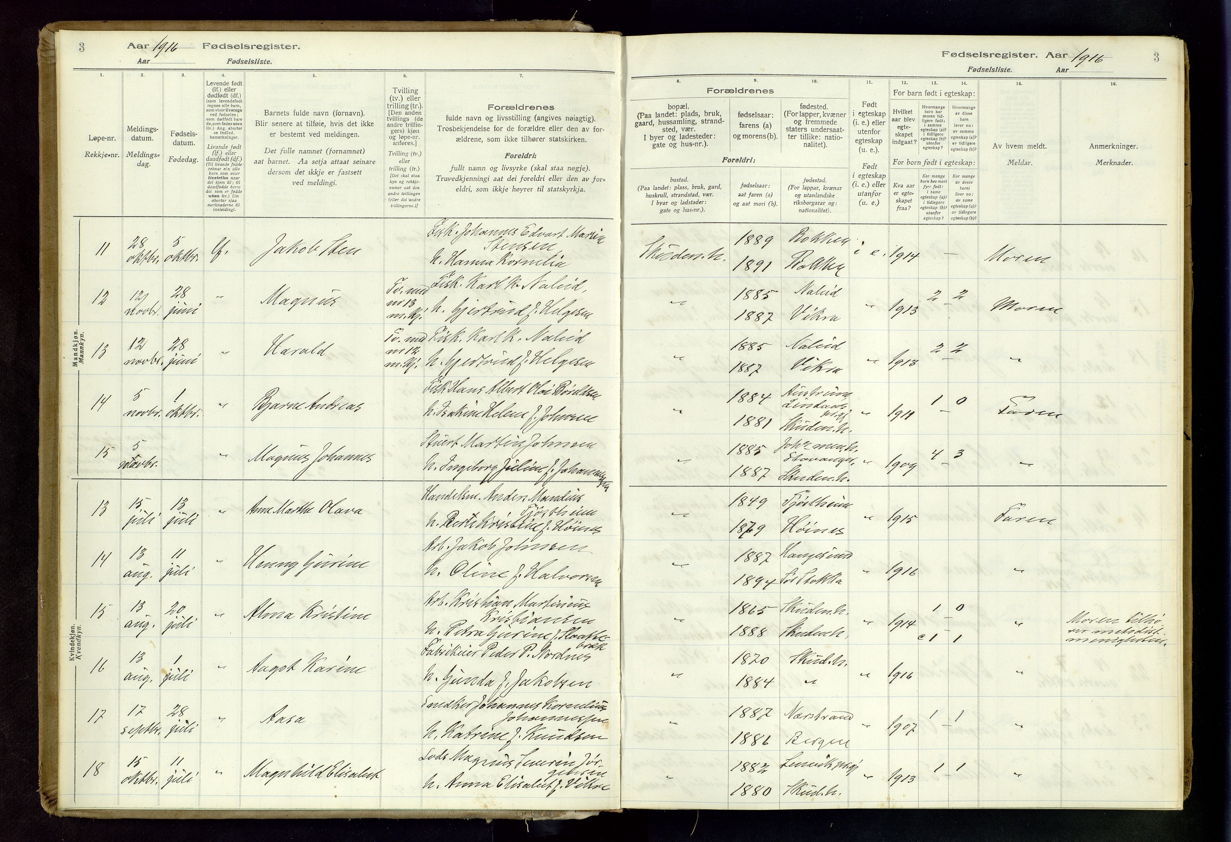 Skudenes sokneprestkontor, AV/SAST-A -101849/I/Id/L0003: Fødselsregister nr. 3, 1916-1964, s. 3